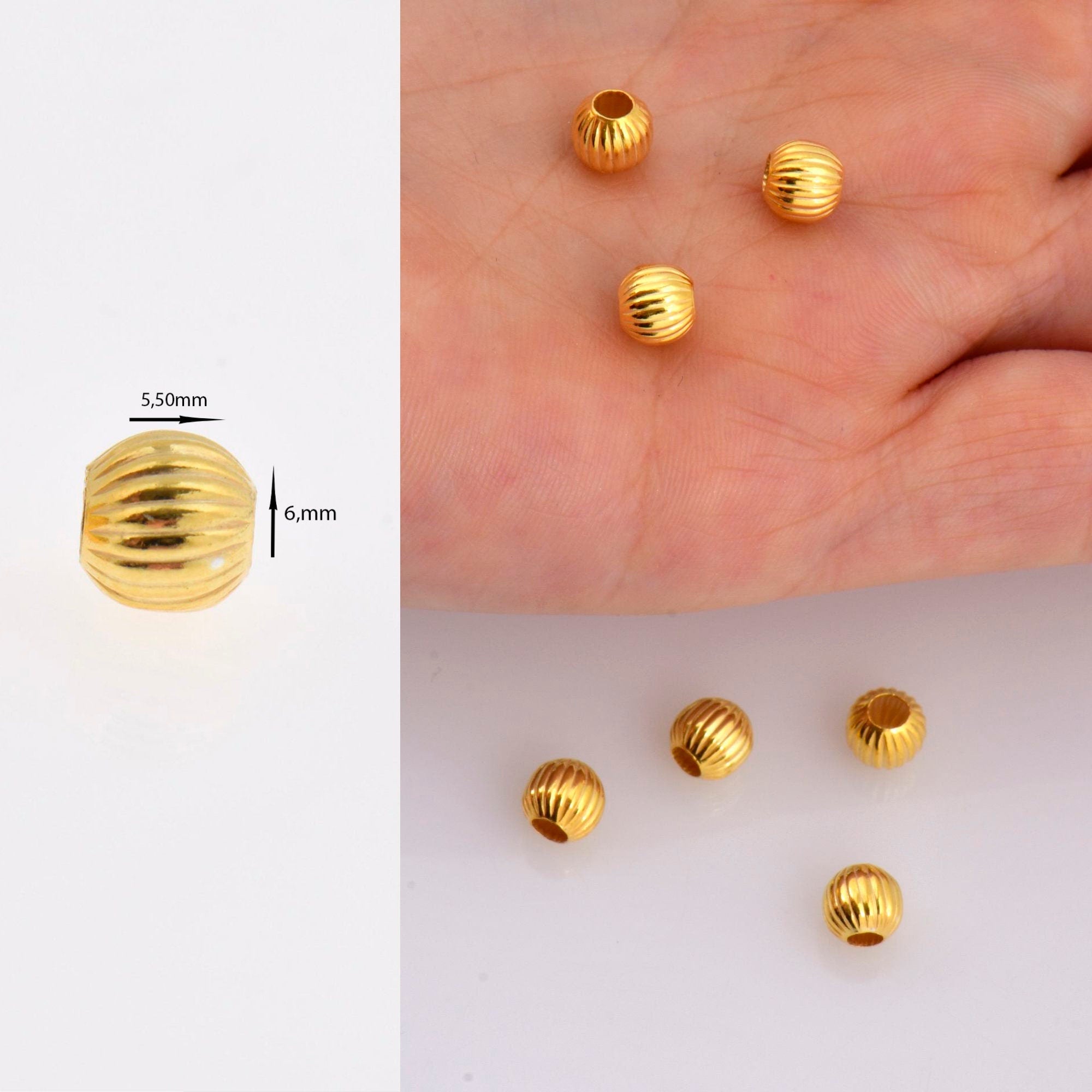 24K Gold 6mm Plated Seamless Round Beads, 925 Silver Corrugated Round Beads in Gold Vermeil, Round Seperator Beads, Jewelry Supplies, VM5D
