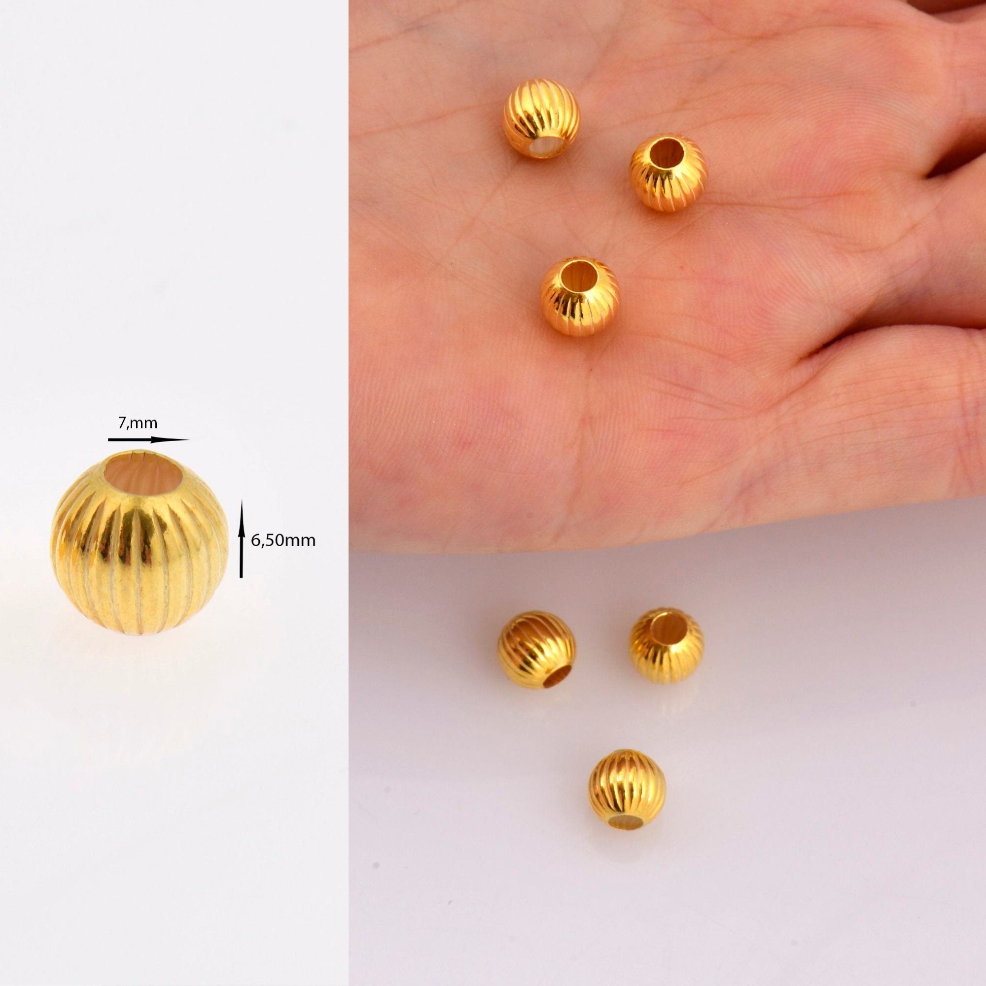 24K Gold 7mm Plated Seamless Round Beads, 925 Silver Corrugated Round Beads in Gold Vermeil, Round Seperator Beads, Jewelry Supplies, VM5E