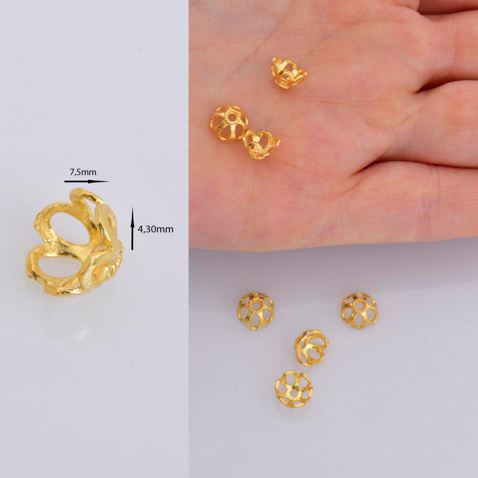 24K Gold Vermeil 7.5mm Bead Caps, Gold Plated Bead Caps, 925 Silver Solid Bead Caps in Gold, Spacer Bead Caps, Jewelry Craft Supply, VM10