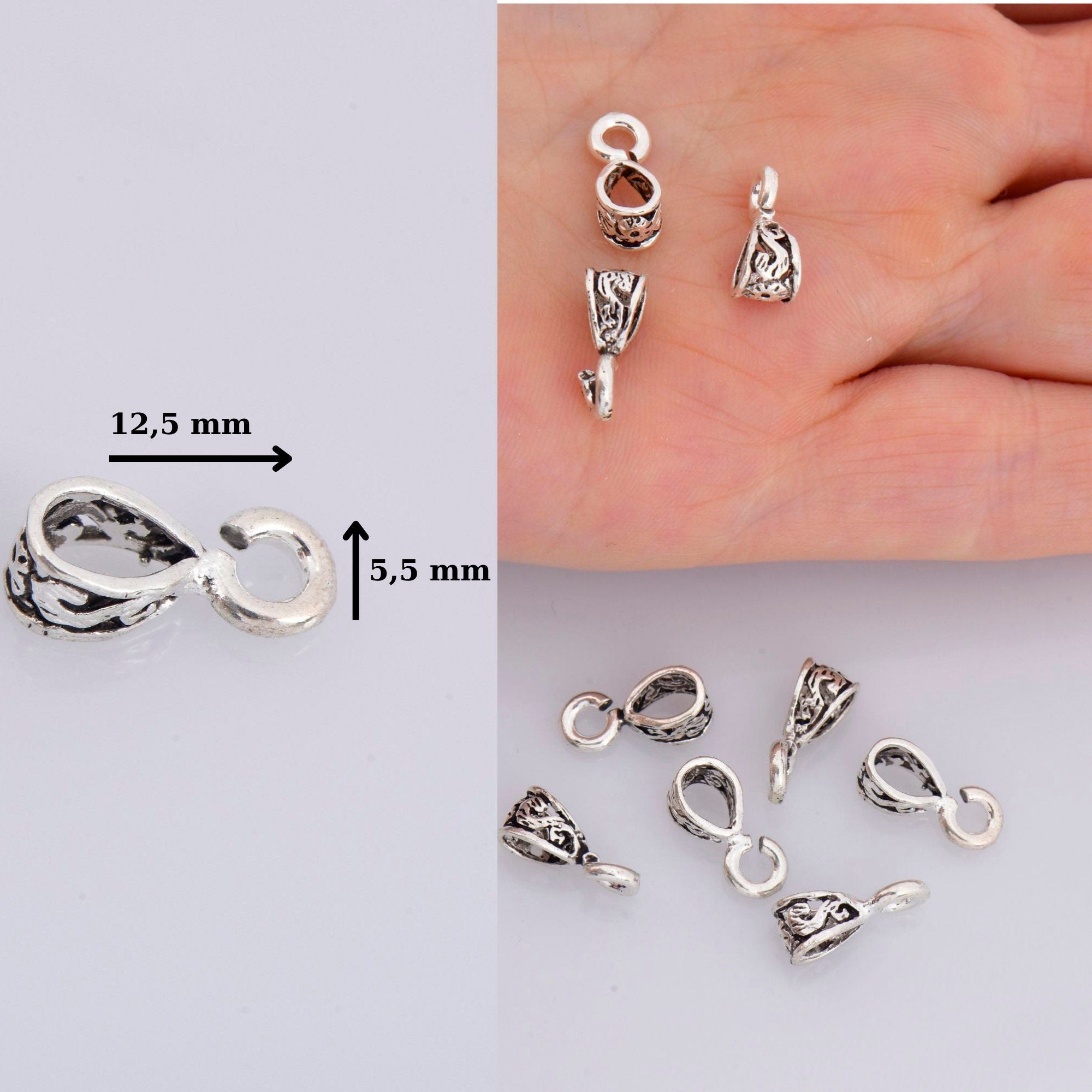 925 Sterling Silver Filigree Bails with Open Loop, Solid Open Loop Bails, Antique Silver Connector Filigree Bails, Jewelry Findings, M34