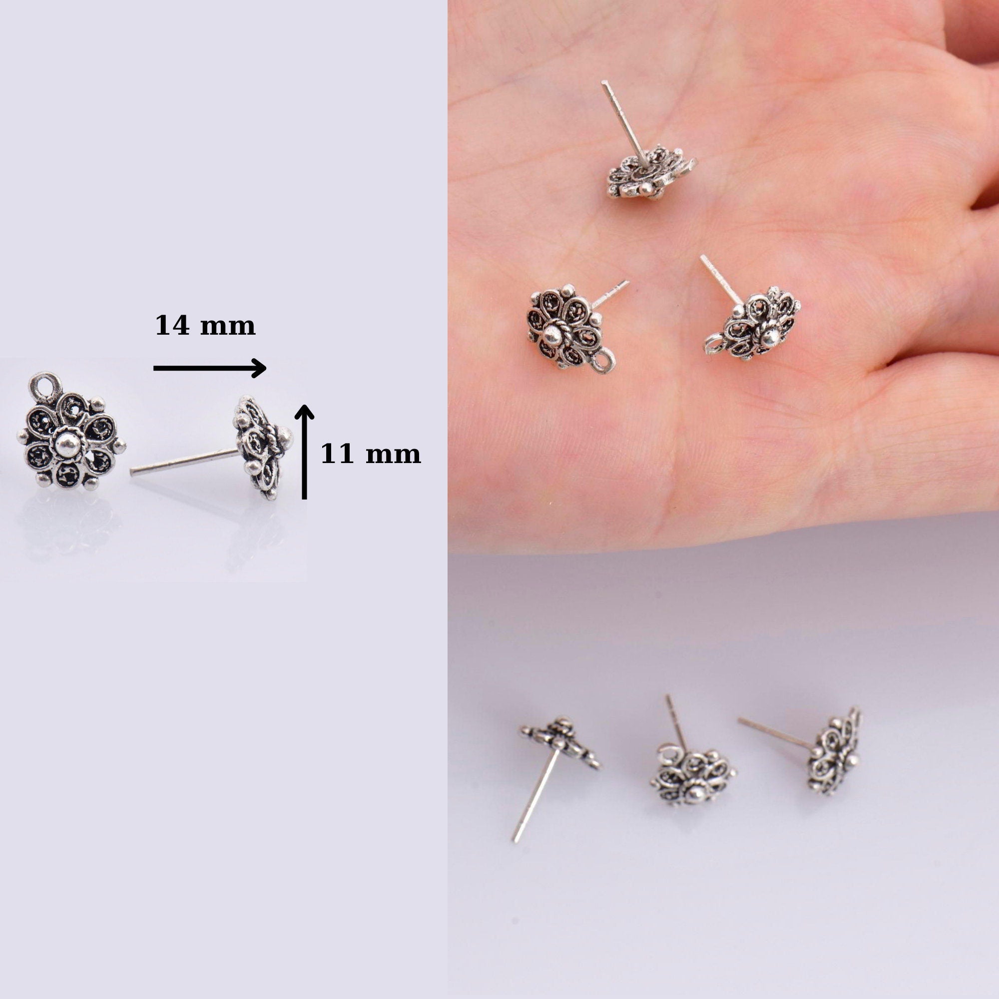 925 Sterling Silver Flower Ear Post, Antique Silver Flower Earring Studs with Loop, Solid Silver Earring Posts, Jewelry Making Findings, M50