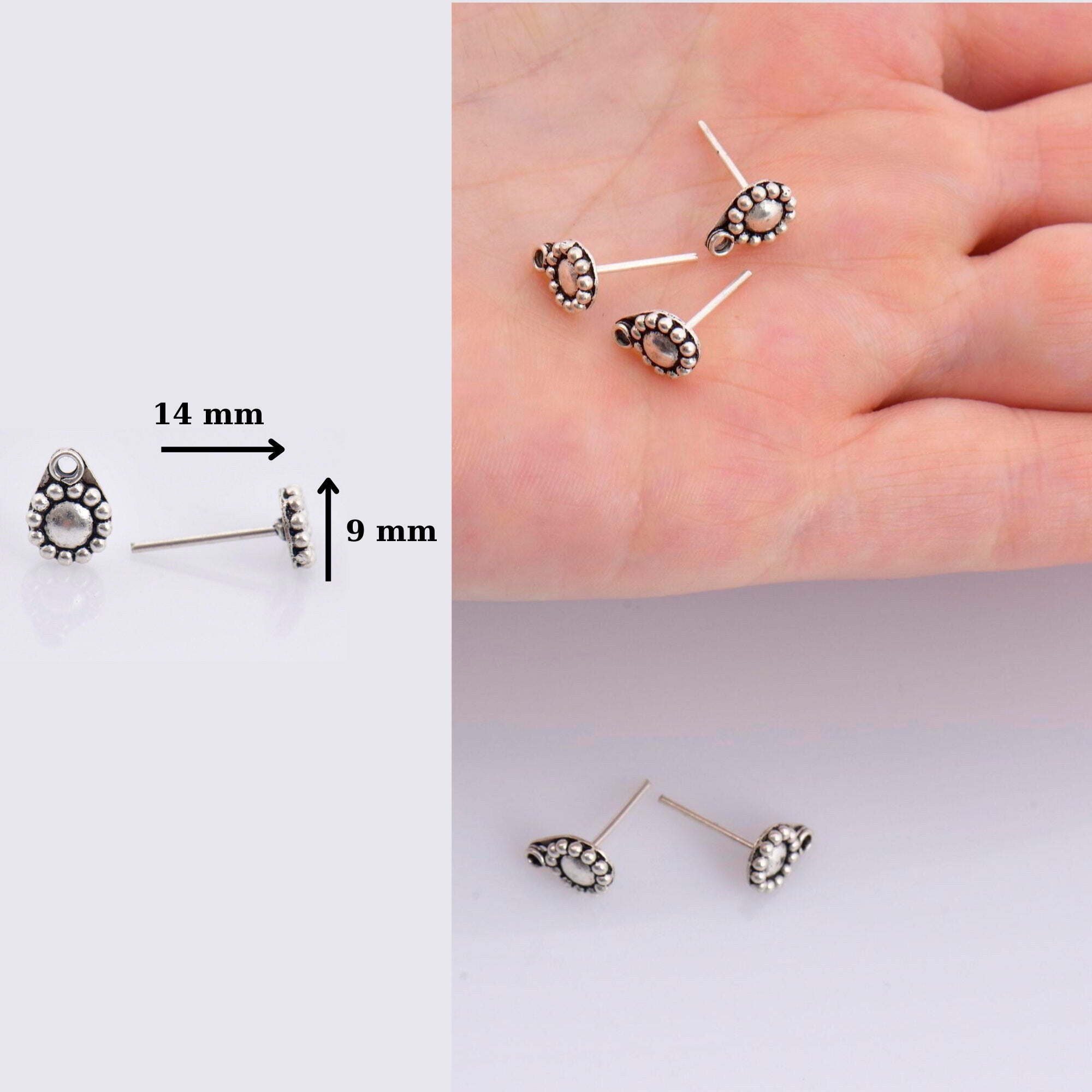 925 Sterling Silver Flower Ear Post, Antique Silver Flower Earring Studs with Loop, Solid Silver Earring Posts, Jewelry Making Findings, M52