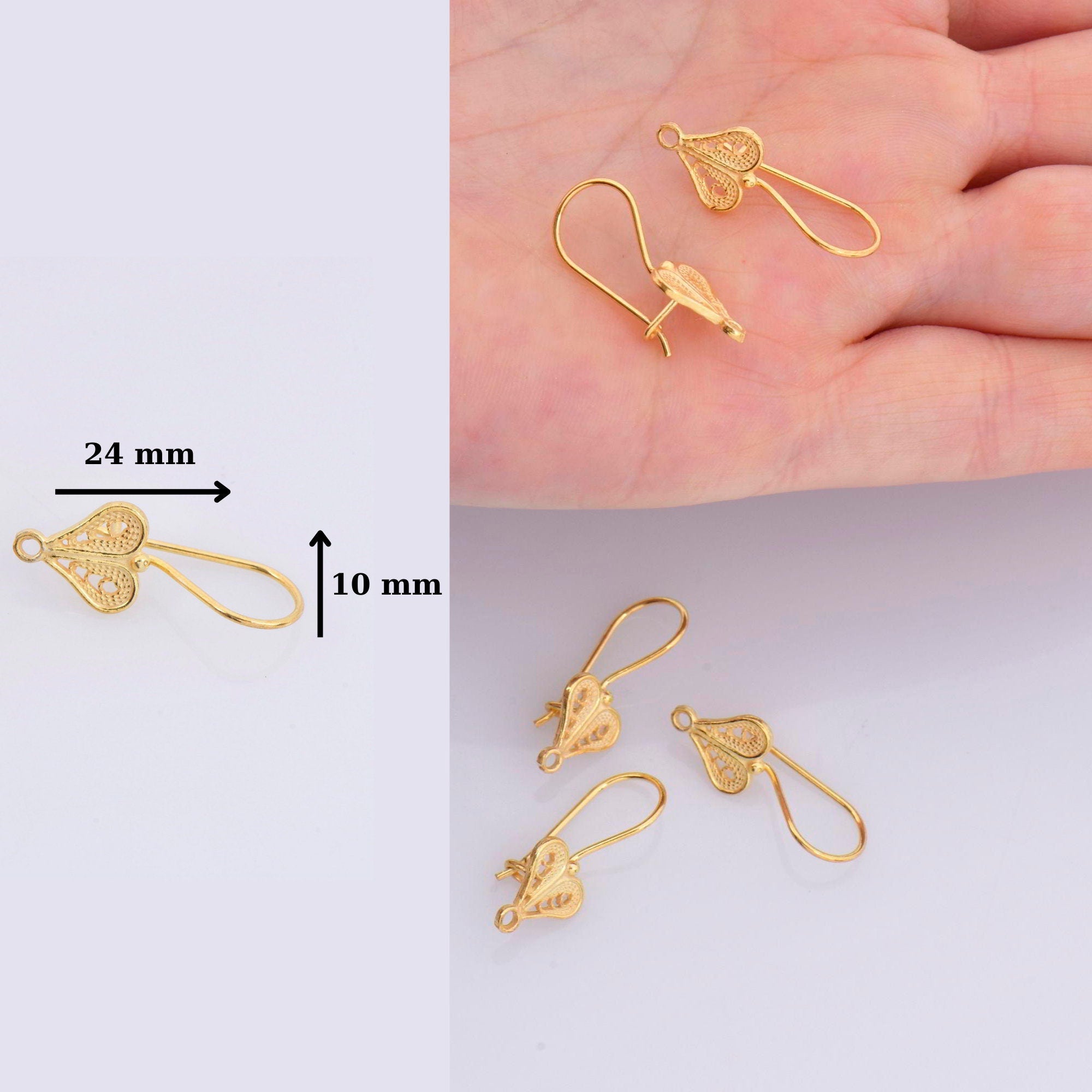 24K Gold Vermeil & 925 Silver Heart Shape Ear Wires, Earring Hooks, Ear Wires, Earrings Making Supply, Jewelry Findings, M46/VM46