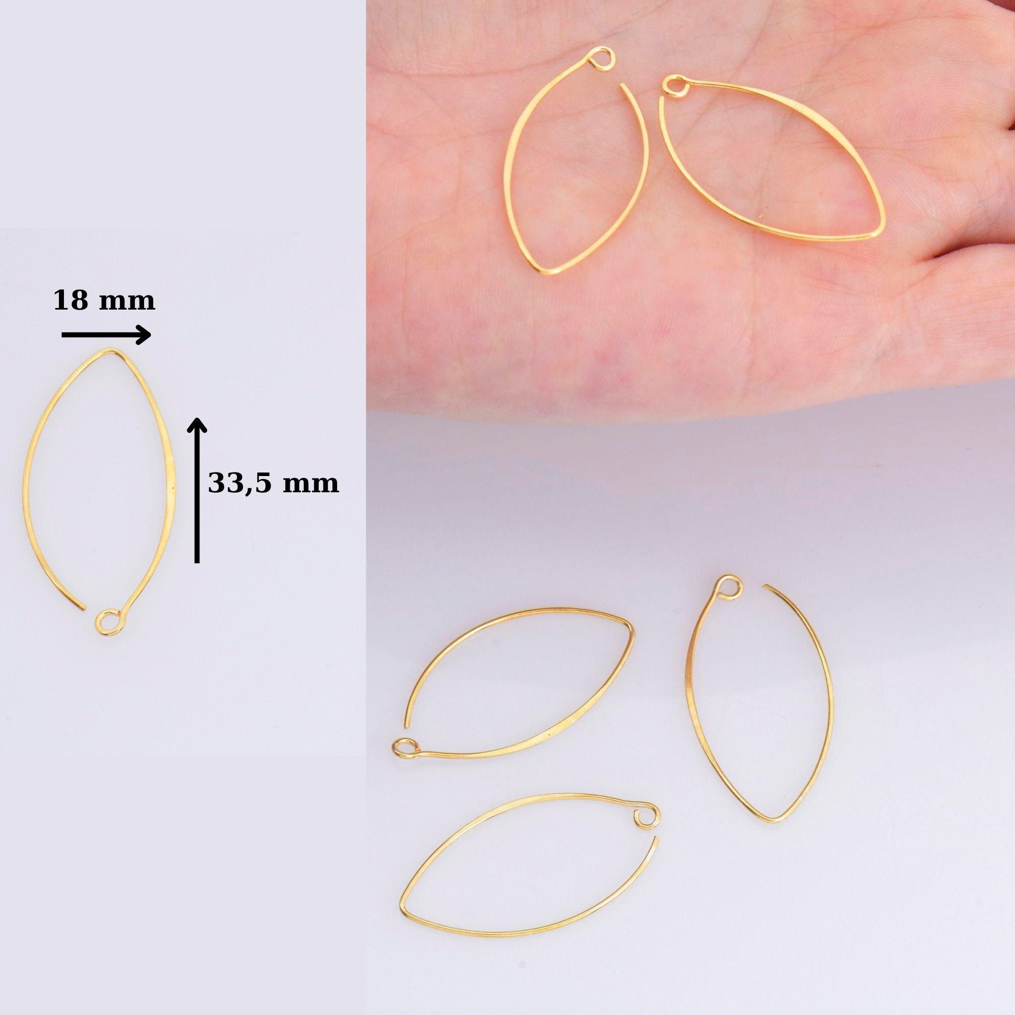 24K Gold Vermeil & 925 Sterling Silver 34 mm V Shape Ear Wires w Open Loop, Earring Hooks, Earring Making Supply, Findings, VM49B - M49B