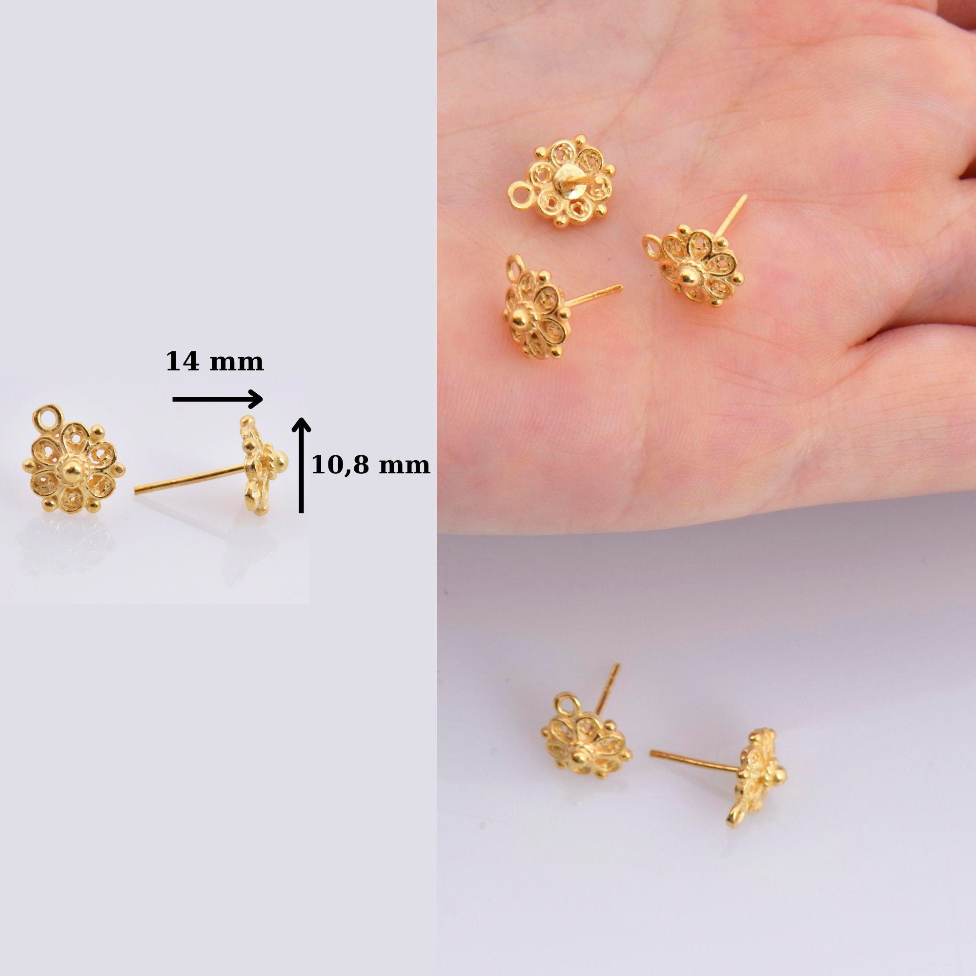 24K Gold Vermeil and 925 Silver Flower Ear Post, Flower Earring Studs with Loop, Gold Plated Earring Posts, Jewelry Making Findings, MV/M50