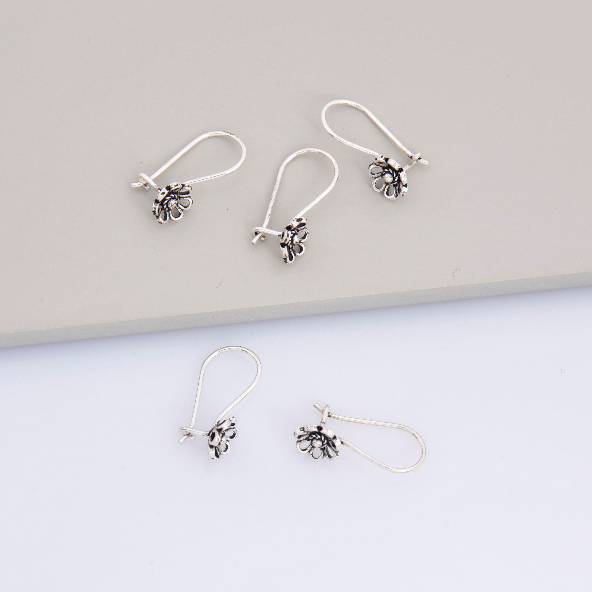 925 Sterling Silver Flower Ear Wires, Solid Silver Earring Hooks, Oxidized Silver Ear Wires, Earrings Making Supply, Jewelry Findings, M44