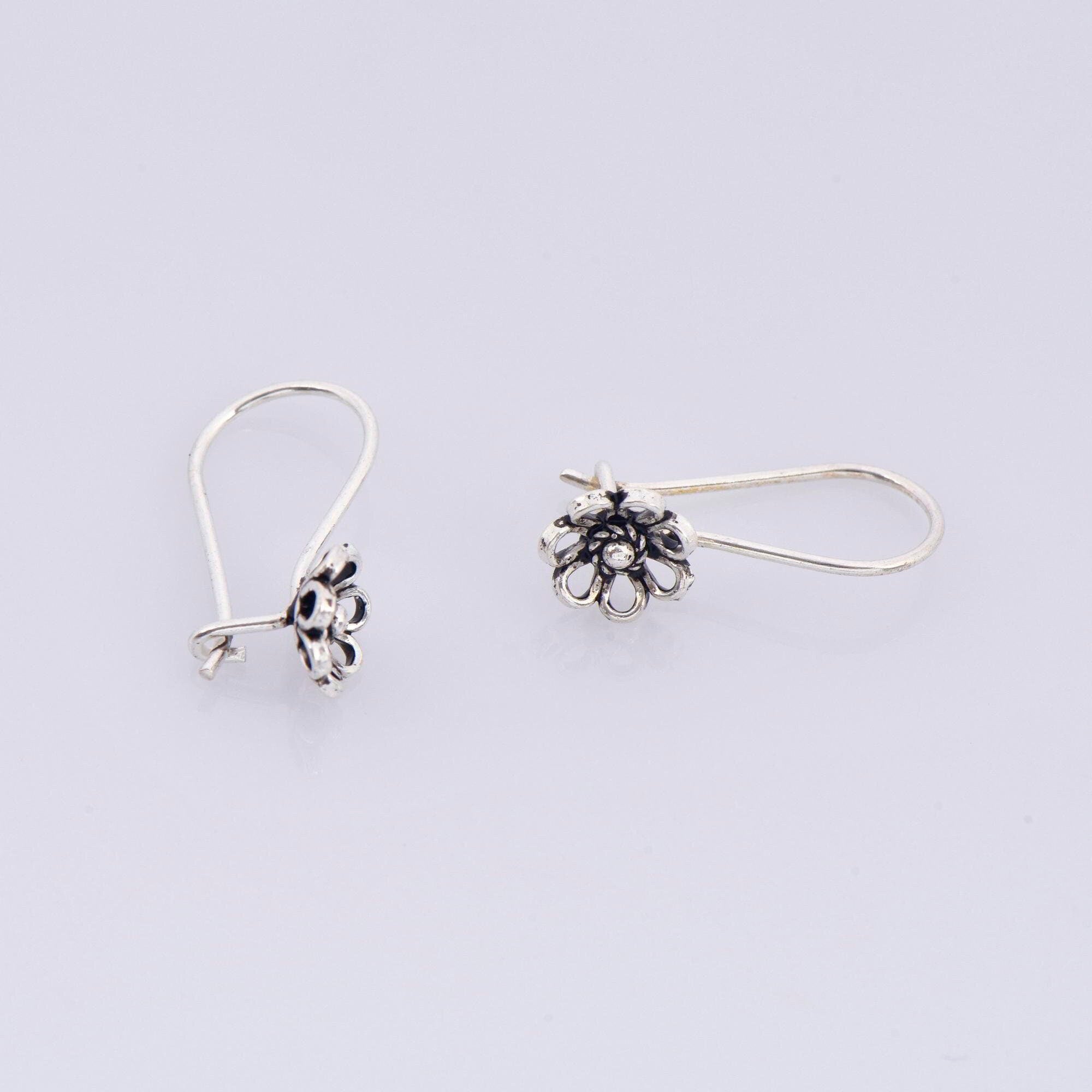 925 Sterling Silver Flower Ear Wires, Solid Silver Earring Hooks, Oxidized Silver Ear Wires, Earrings Making Supply, Jewelry Findings, M44