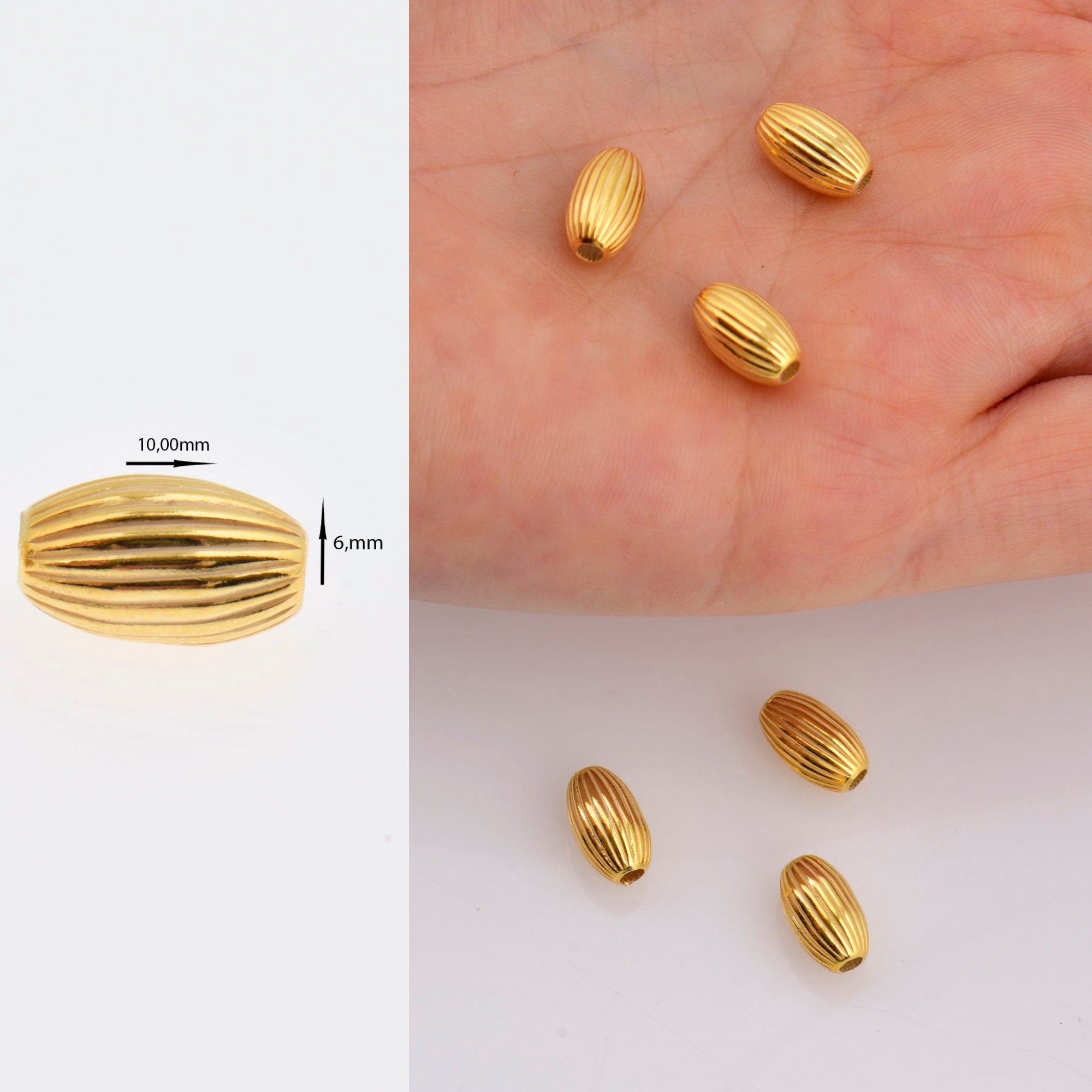 24K Gold Plated Seamless Oval Beads, 925 Silver Corrugated Oval Beads in 24K Gold Vermeil, Olive Shape Beads, Jewelry Supplies, VM4 A-E