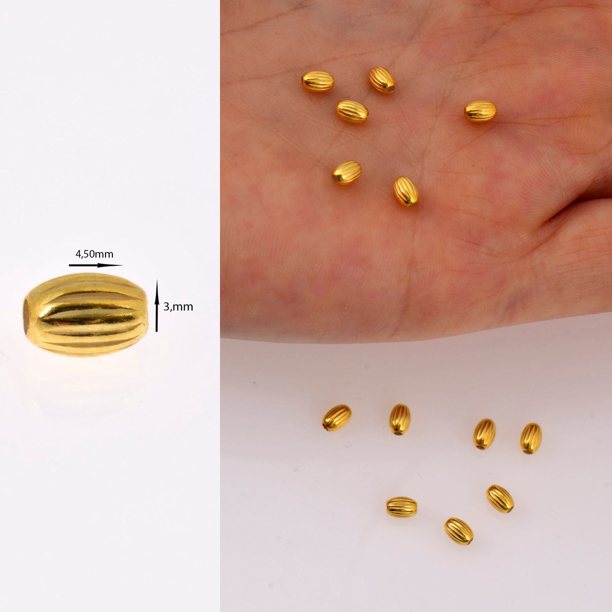 24K Gold Plated Seamless Oval Beads, 925 Silver Corrugated Oval Beads in 24K Gold Vermeil, Olive Shape Beads, Jewelry Supplies, VM4 A-E