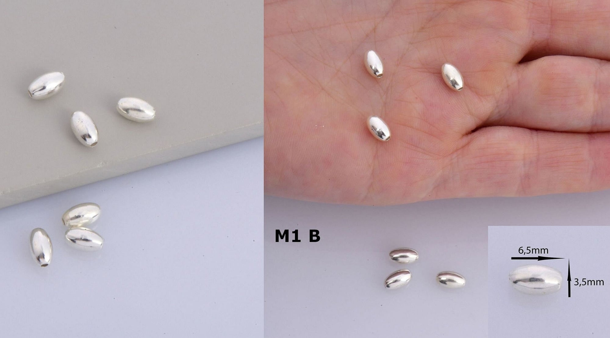 925 Sterling Silver Oval Beads, Solid 925 Rice Beads, Seamless Olive Beads, Barrel Shape Bracelet Spacer Beads, Jewelry Supplies, M1 A-F