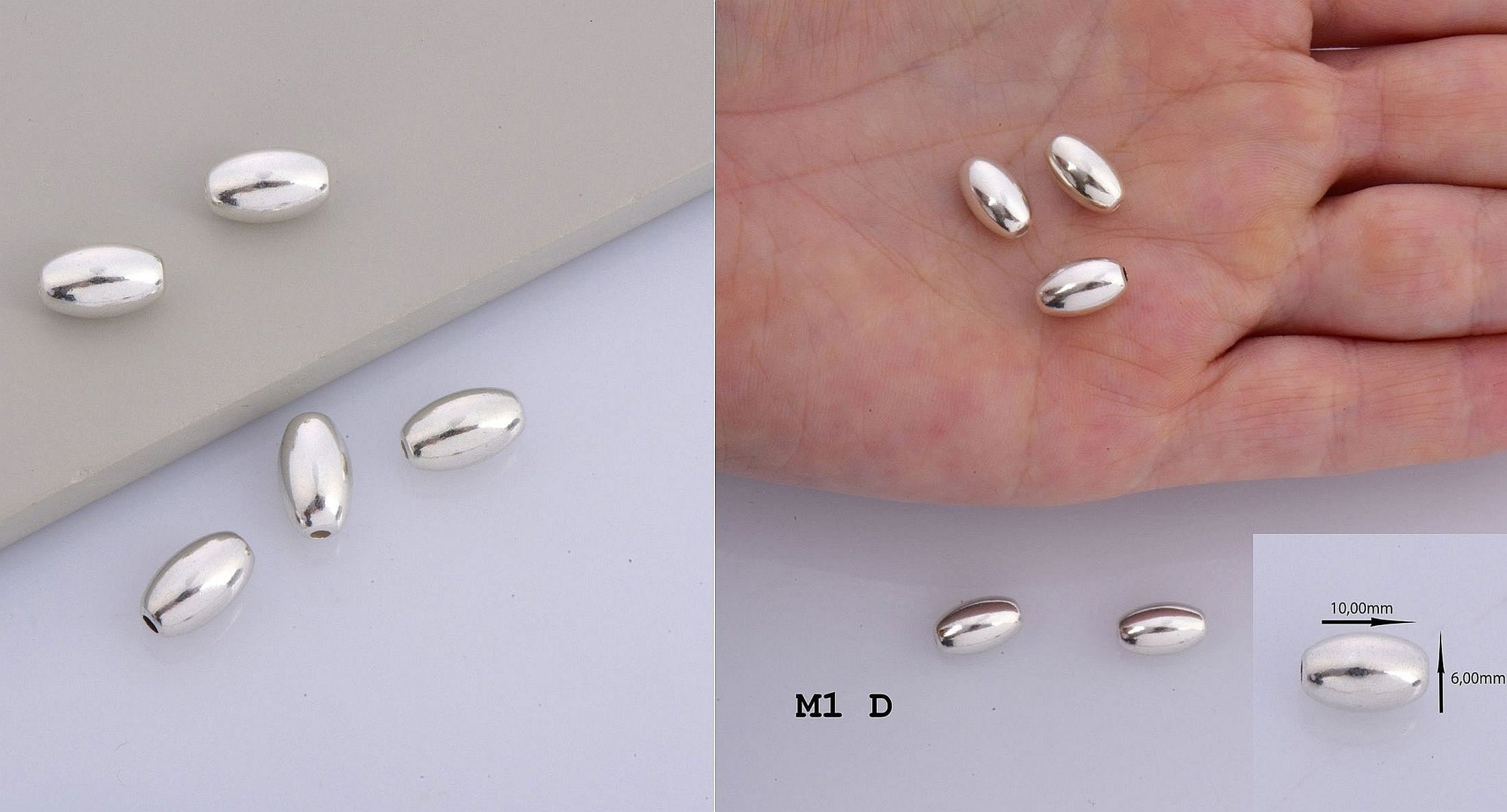 925 Sterling Silver Oval Beads, Solid 925 Rice Beads, Seamless Olive Beads, Barrel Shape Bracelet Spacer Beads, Jewelry Supplies, M1 A-F