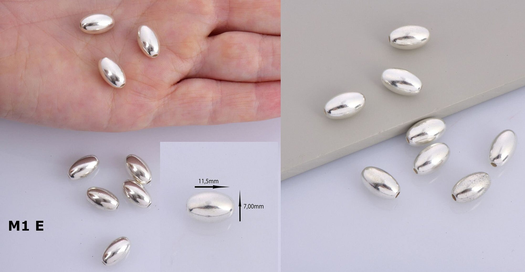 925 Sterling Silver Oval Beads, Solid 925 Rice Beads, Seamless Olive Beads, Barrel Shape Bracelet Spacer Beads, Jewelry Supplies, M1 A-F