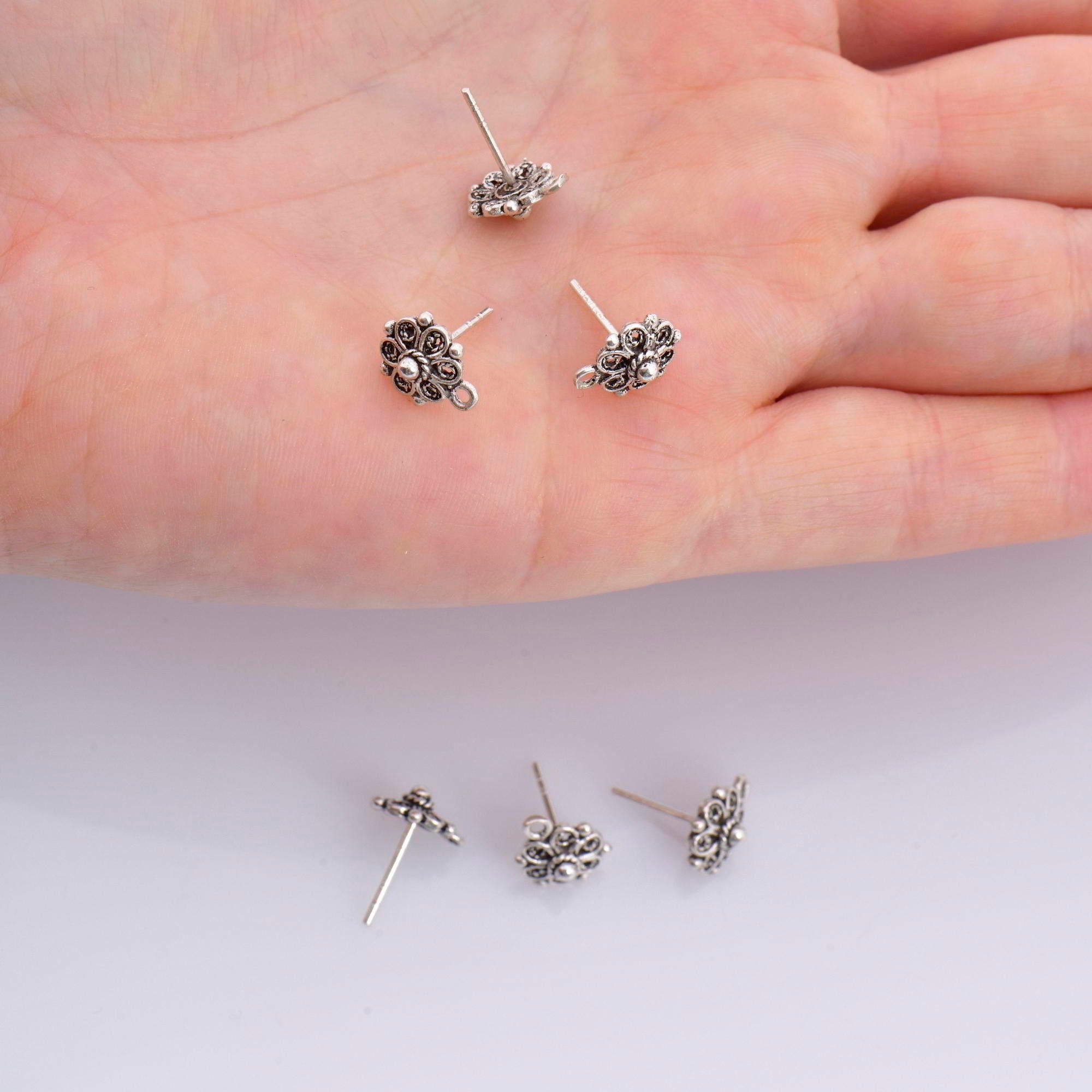 925 Sterling Silver Flower Ear Post, Antique Silver Flower Earring Studs with Loop, Solid Silver Earring Posts, Jewelry Making Findings, M50