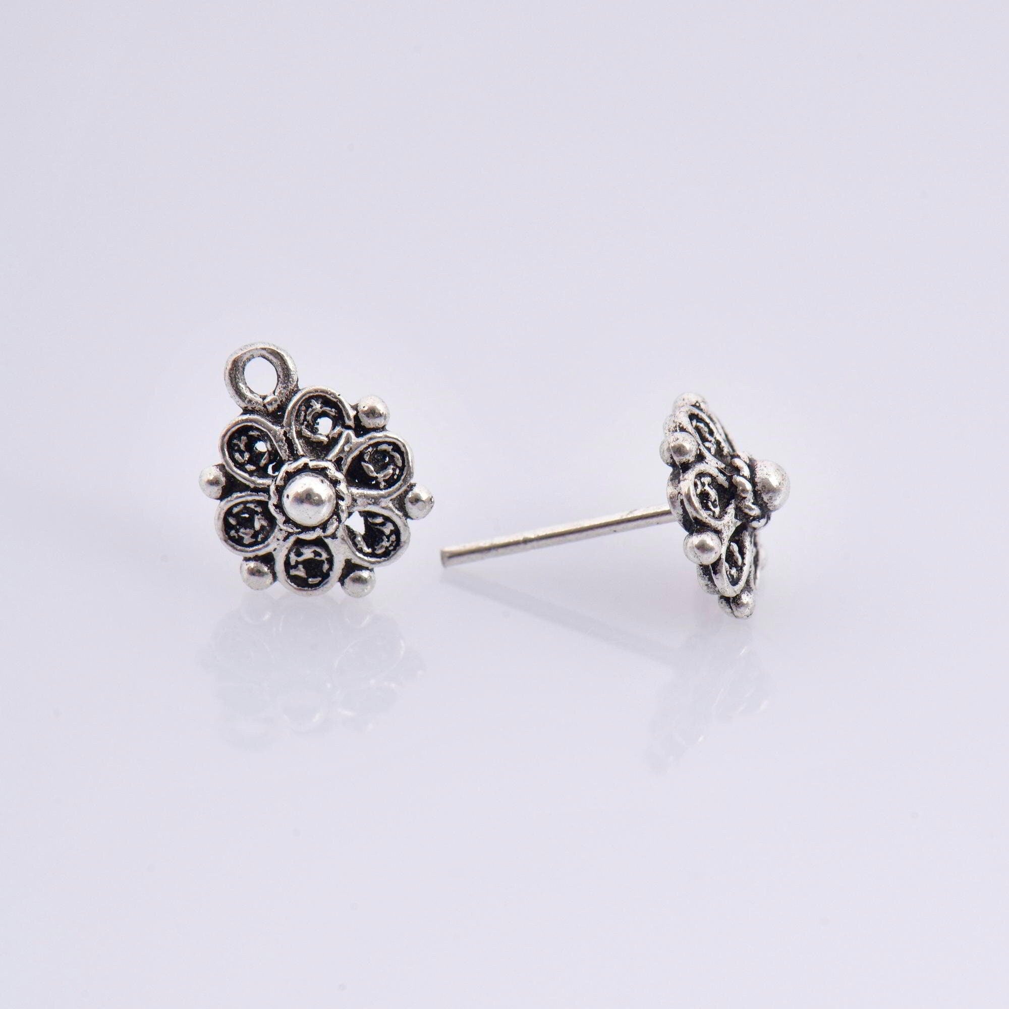 925 Sterling Silver Flower Ear Post, Antique Silver Flower Earring Studs with Loop, Solid Silver Earring Posts, Jewelry Making Findings, M50