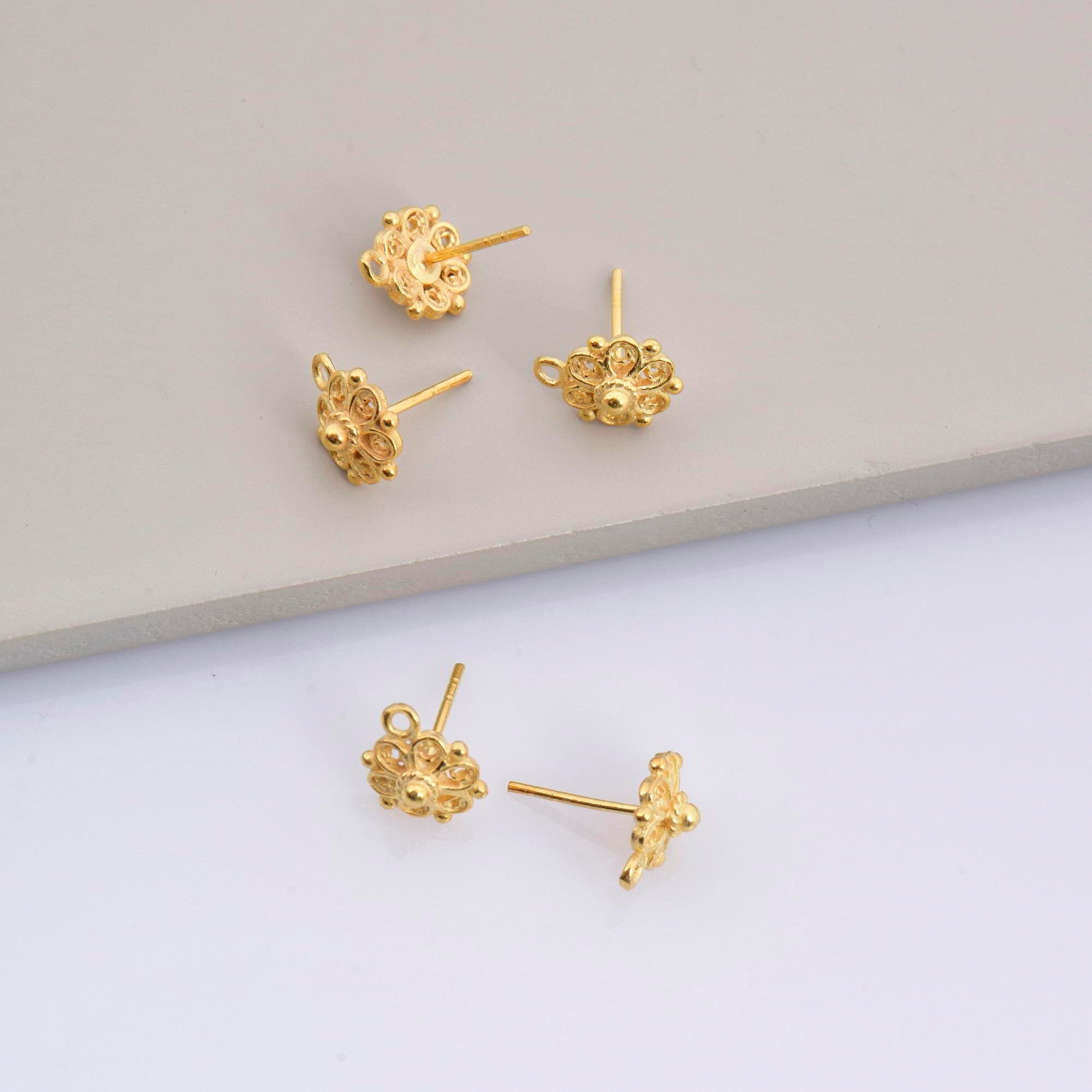 24K Gold Vermeil Flower Ear Post, 925 Solid Silver Flower Earring Studs with Loop, Gold Plated Earring Posts, Jewelry Making Findings, VM50