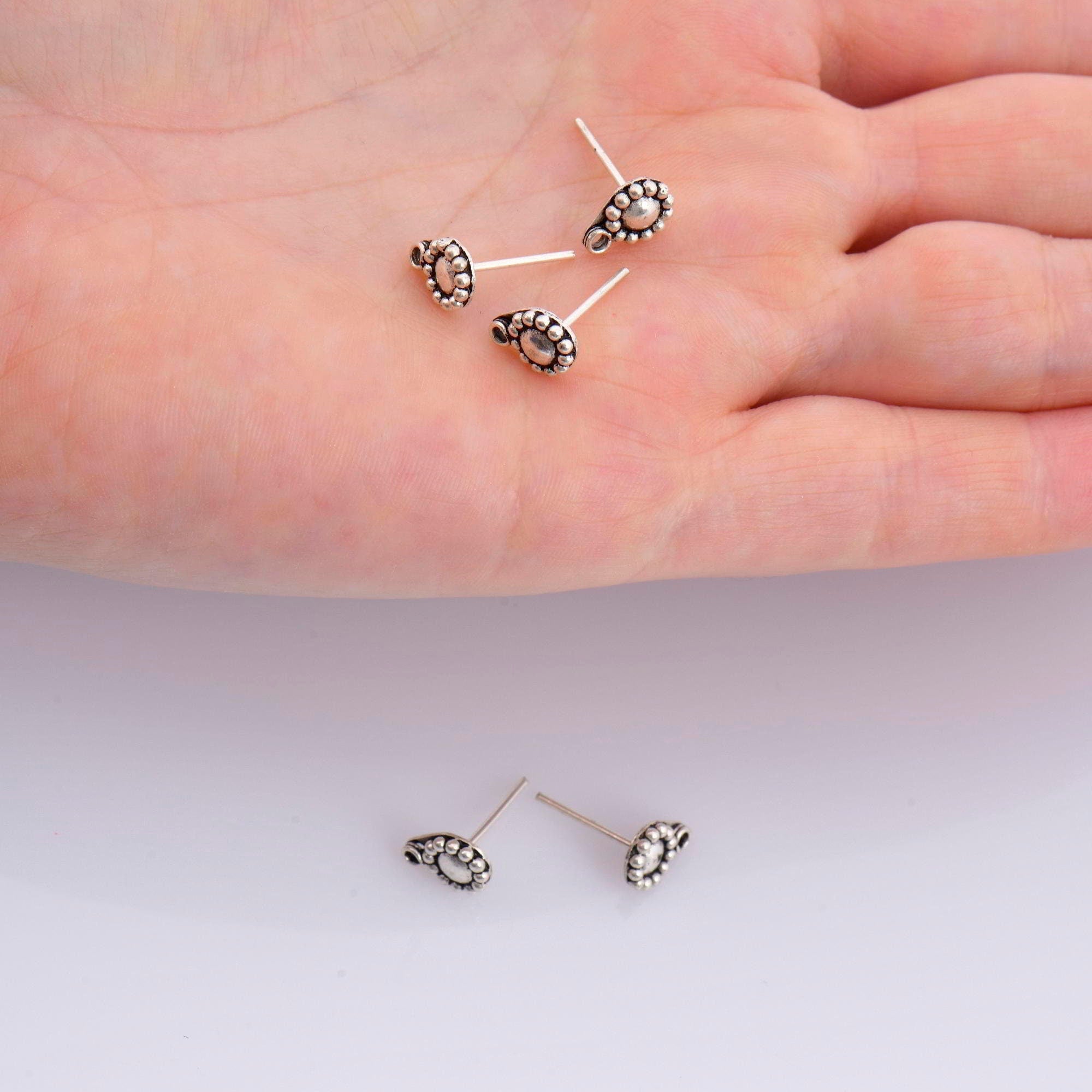 925 Sterling Silver Flower Ear Post, Antique Silver Flower Earring Studs with Loop, Solid Silver Earring Posts, Jewelry Making Findings, M52