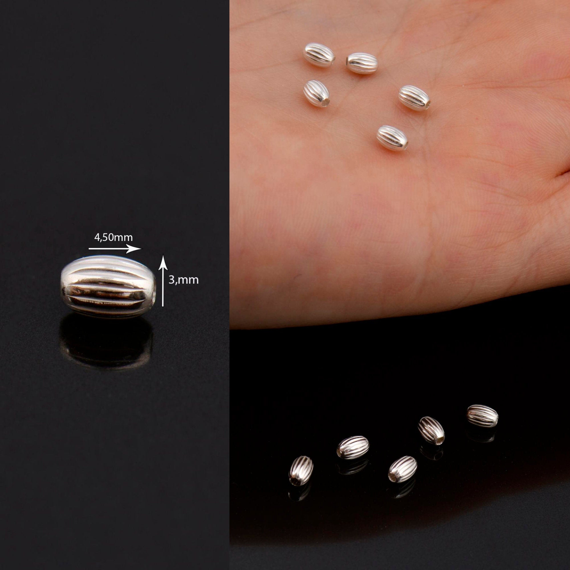 925 Sterling Silver Corrugated Oval Beads, Solid Seamless Oval Beads, Silver Olive Shape Beads, Barrel Shape Jewelry Craft Supplies, M4 A-E