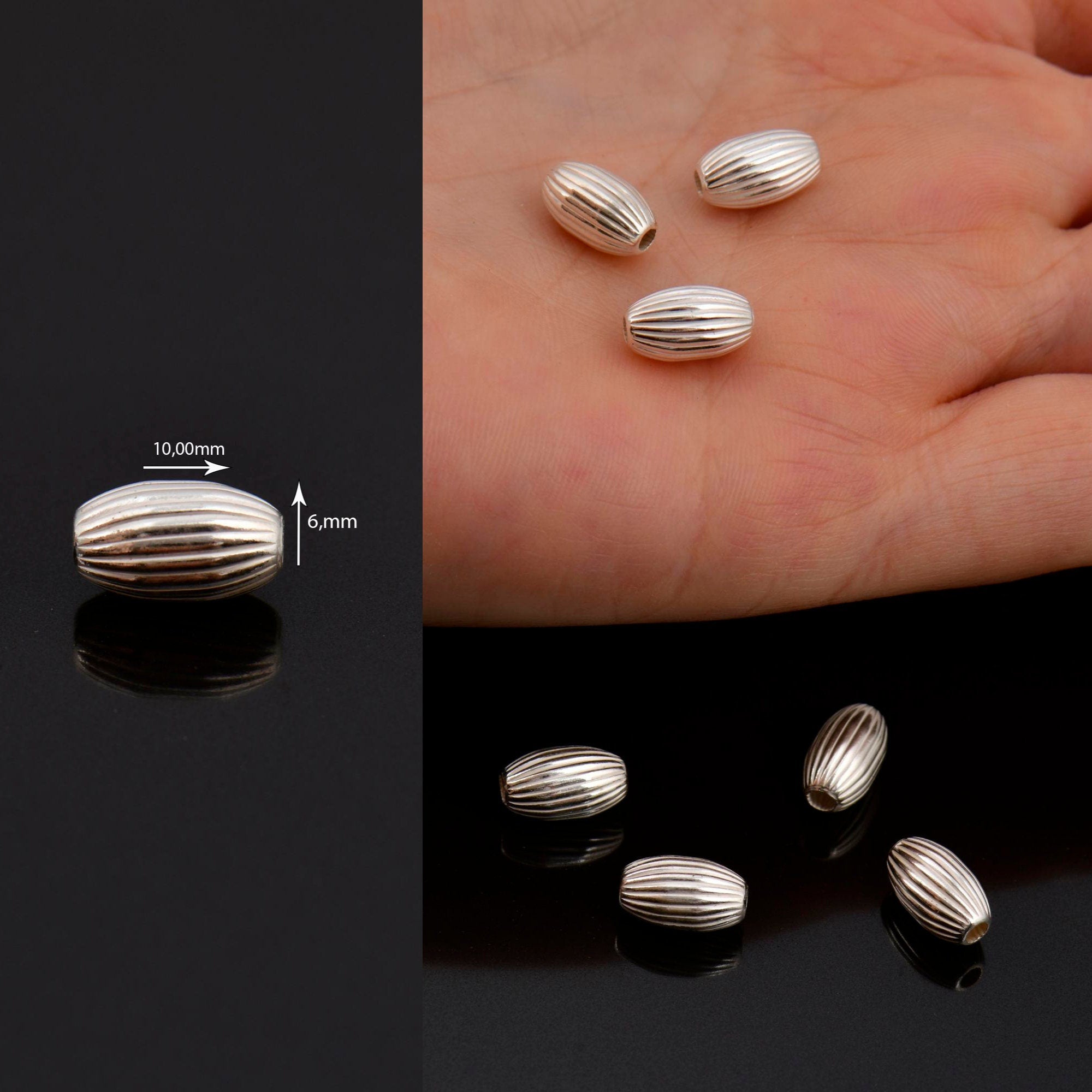 925 Sterling Silver Corrugated Oval Beads, Solid Seamless Oval Beads, Silver Olive Shape Beads, Barrel Shape Jewelry Craft Supplies, M4 A-E