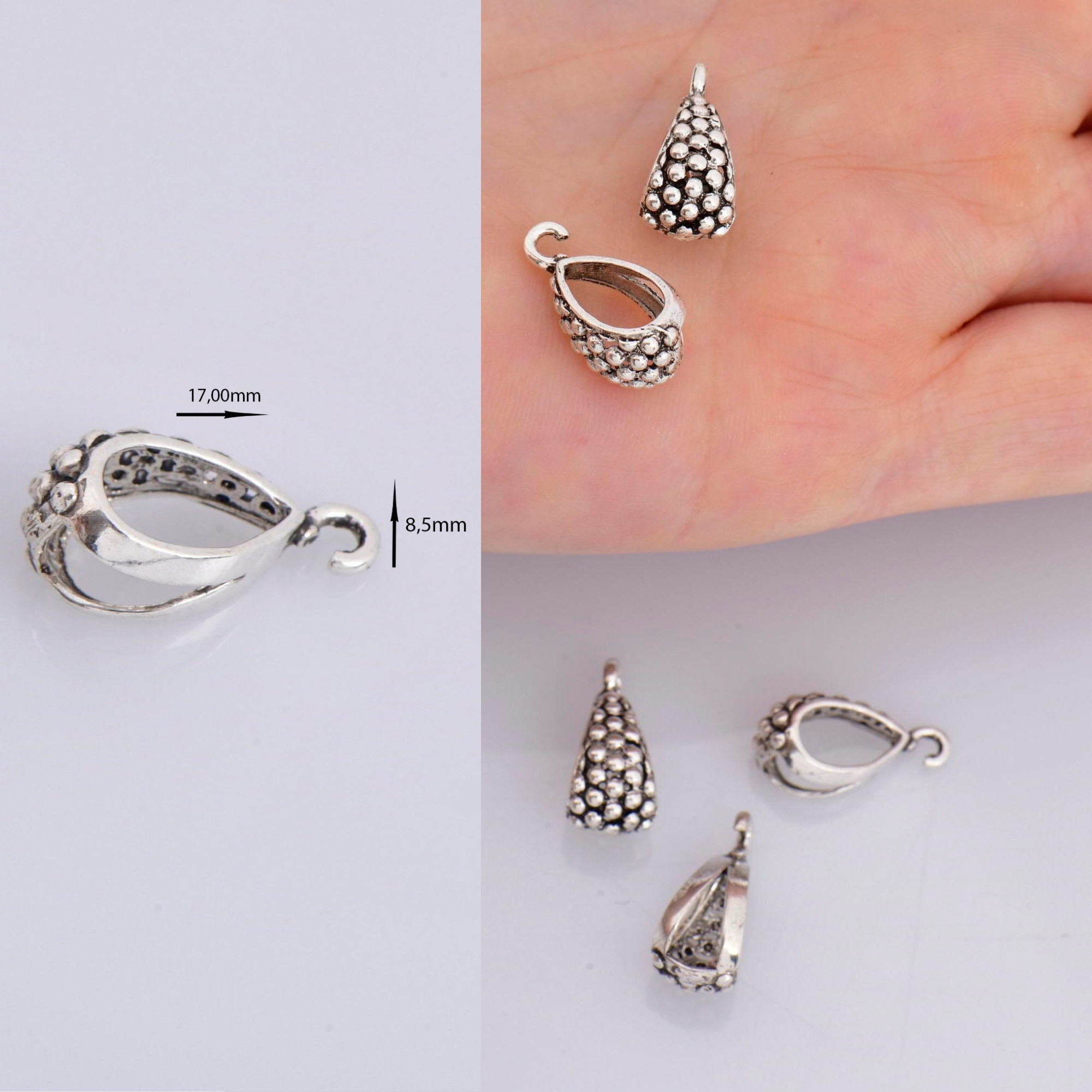 24K Gold Vermeil and 925 Silver Filigree Bails with Open Loop, Antique Silver Open Loop Bails, Connector Bails, Silver Findings, M/VM36