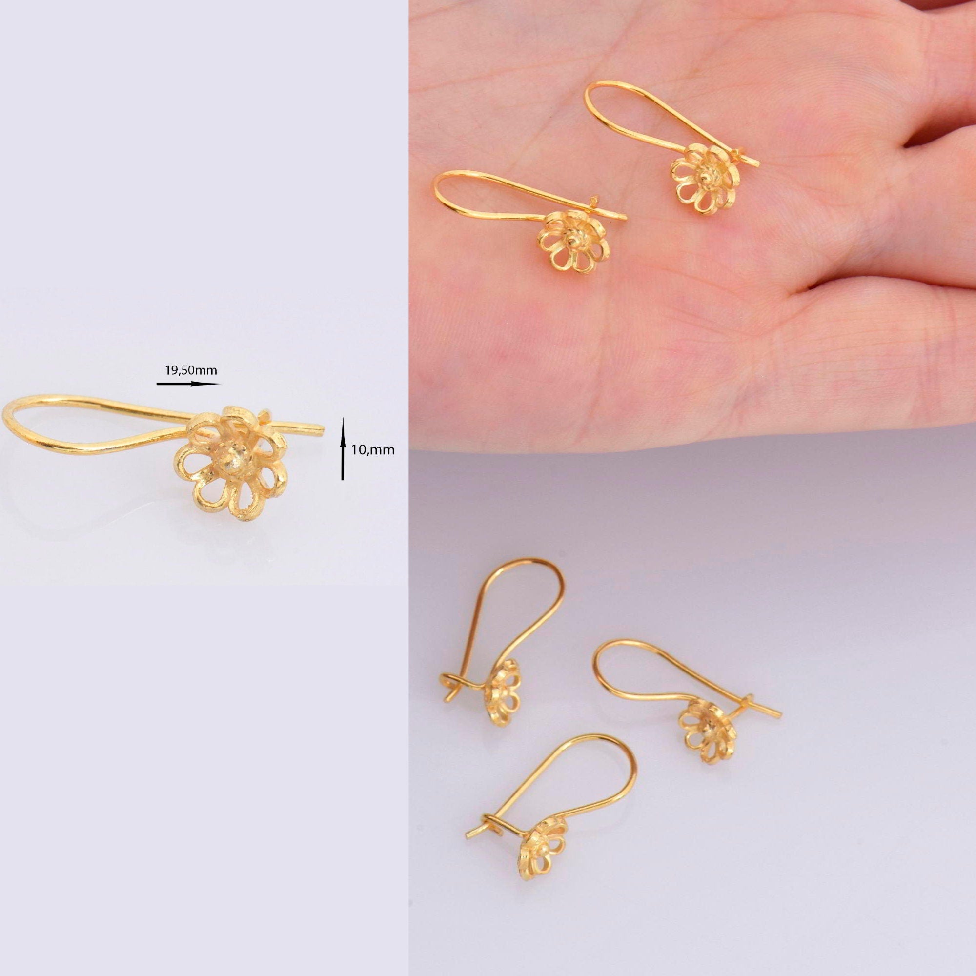 24K Gold Vermeil Flower Ear Wires, 24K Gold Plated Earring Hooks, 925 Silver Ear Wires, Earring Making Supply, Jewelry Making Findings, VM44