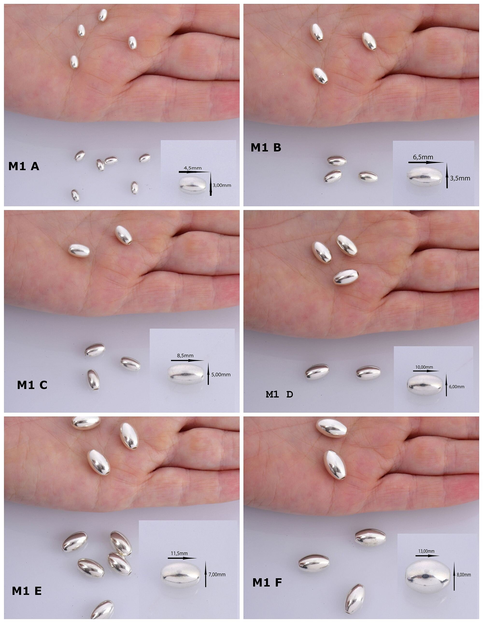 925 Sterling Silver Oval Beads, Solid 925 Rice Beads, Seamless Olive Beads, Barrel Shape Bracelet Spacer Beads, Jewelry Supplies, M1 A-F