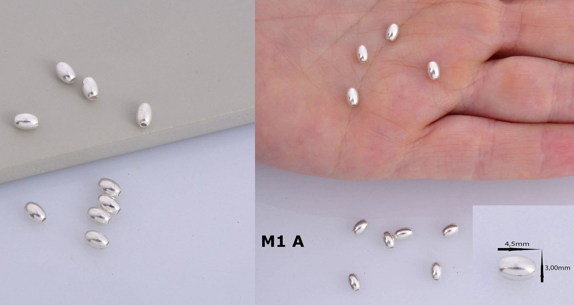 925 Sterling Silver Oval Beads, Solid 925 Rice Beads, Seamless Olive Beads, Barrel Shape Bracelet Spacer Beads, Jewelry Supplies, M1 A-F