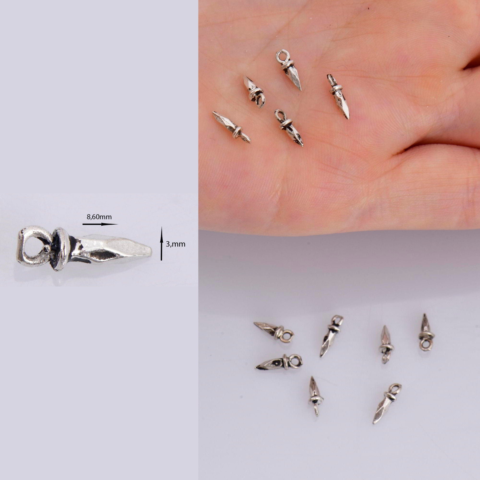 925 Sterling Silver 8 Pcs Spike Dangle Charm, Silver Faceted Spike Charm, Solid Silver Cone Shape Dangles, Jewelry Making Findings, M72