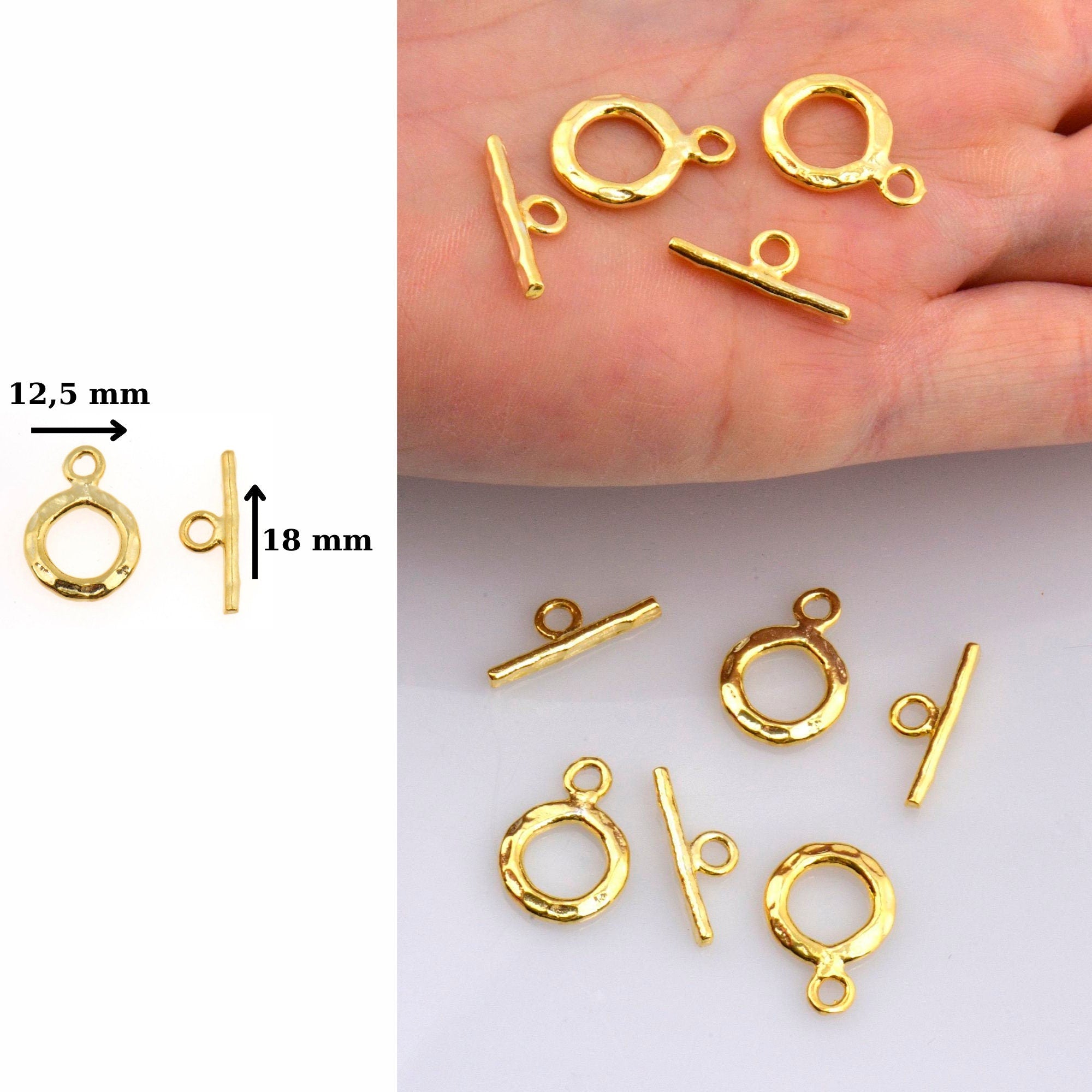 24K Gold Vermeil Toggle Clasps, 925 Solid Silver Toggle Clasp, Gold Plated Organic Toggle Clasp Set, Jewelry Supply, Jewelry Findings, VM57A