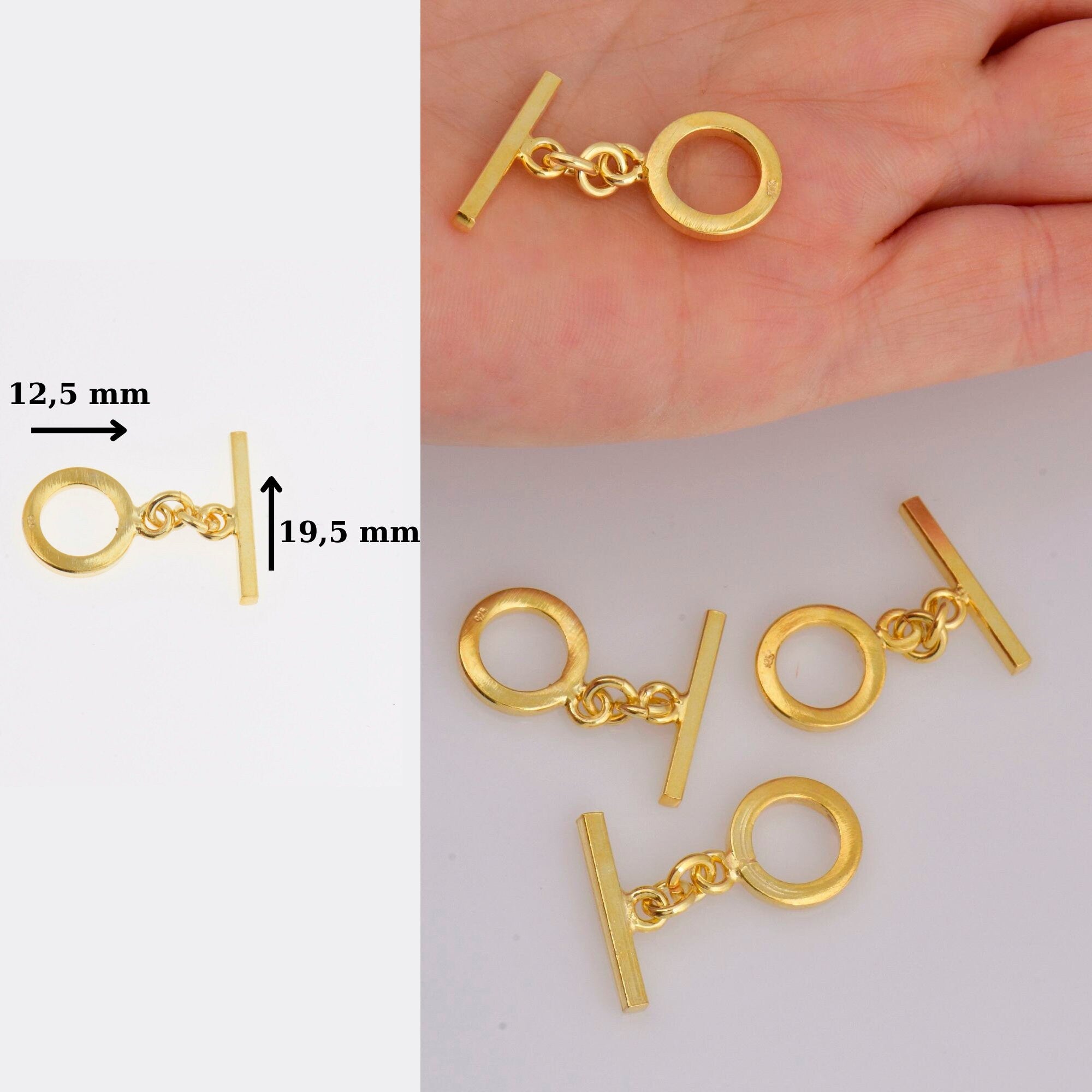 24K Gold Vermeil Toggle Clasps, 925 Solid Silver Toggle Clasp, Gold Plated Plain Toggle Clasp Set, Jewelry Supply, Jewelry Findings, VM58B