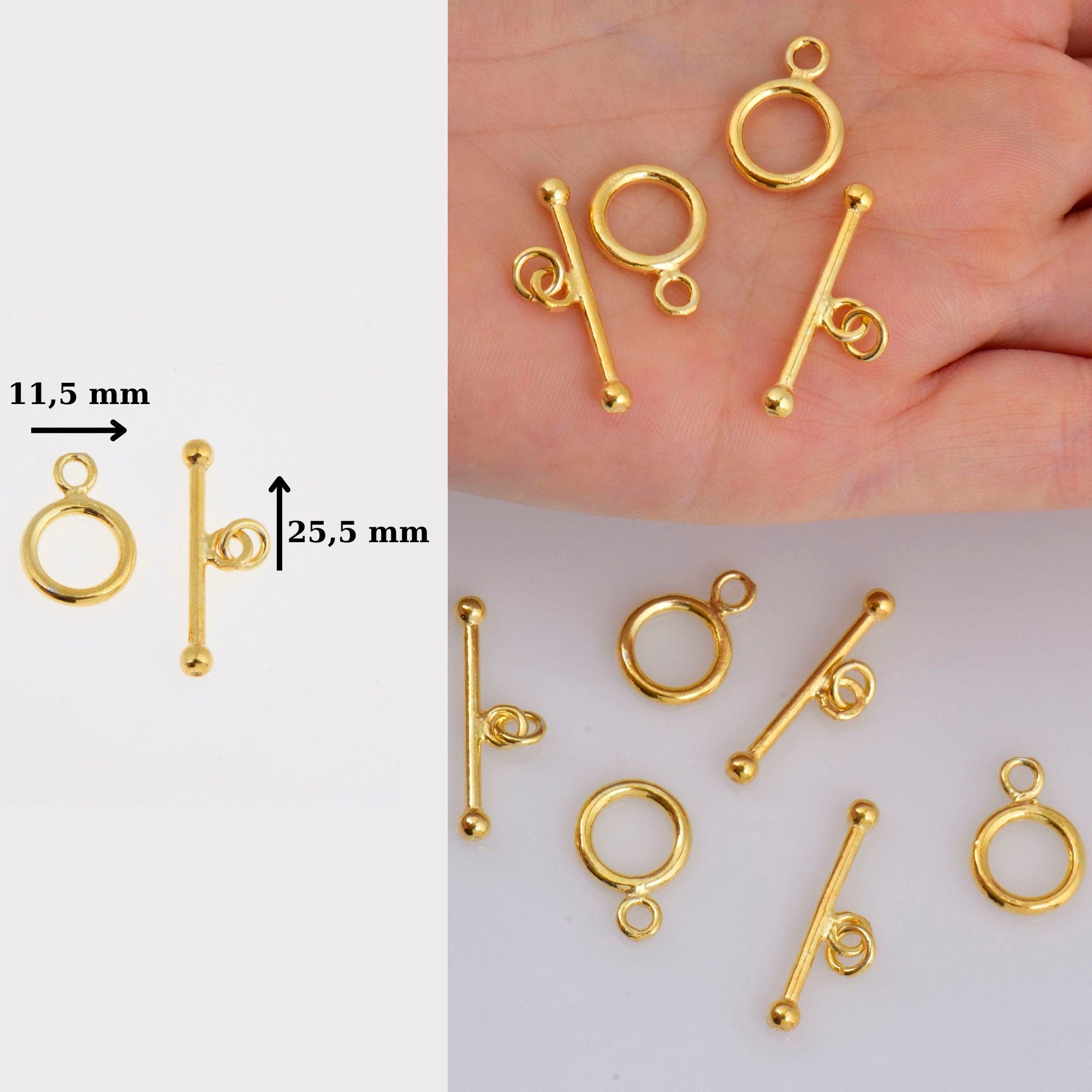 24K Gold Vermeil Toggle Clasps, 925 Solid Silver Toggle Clasp, Gold Plated Plain Toggle Clasp Set, Jewelry Supply, Jewelry Findings, VM59C