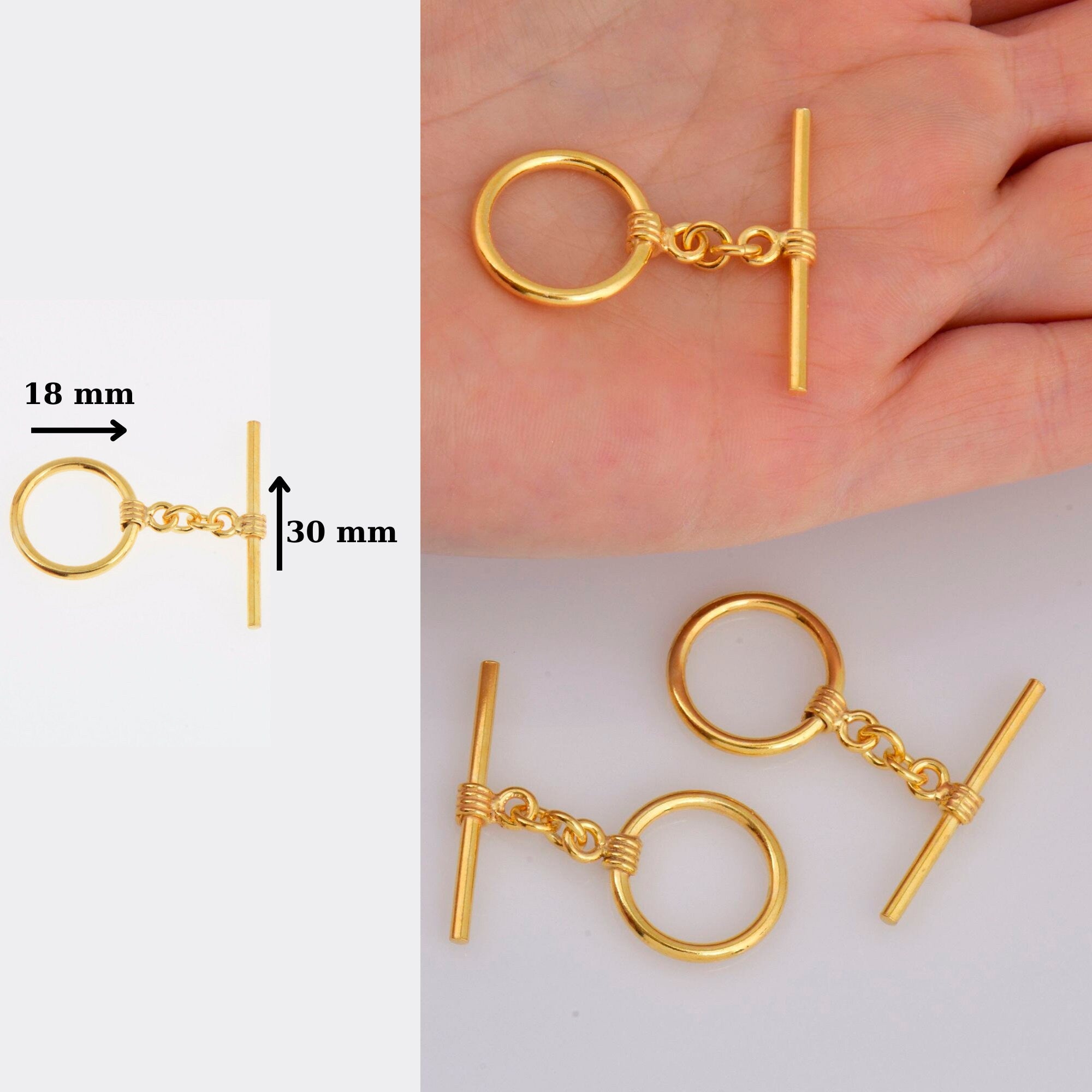 24K Gold Vermeil Toggle Clasps, 925 Solid Silver Toggle Clasp, Gold Plated Antique Toggle Clasp Set, Jewelry Supply, Jewelry Findings, VM60A