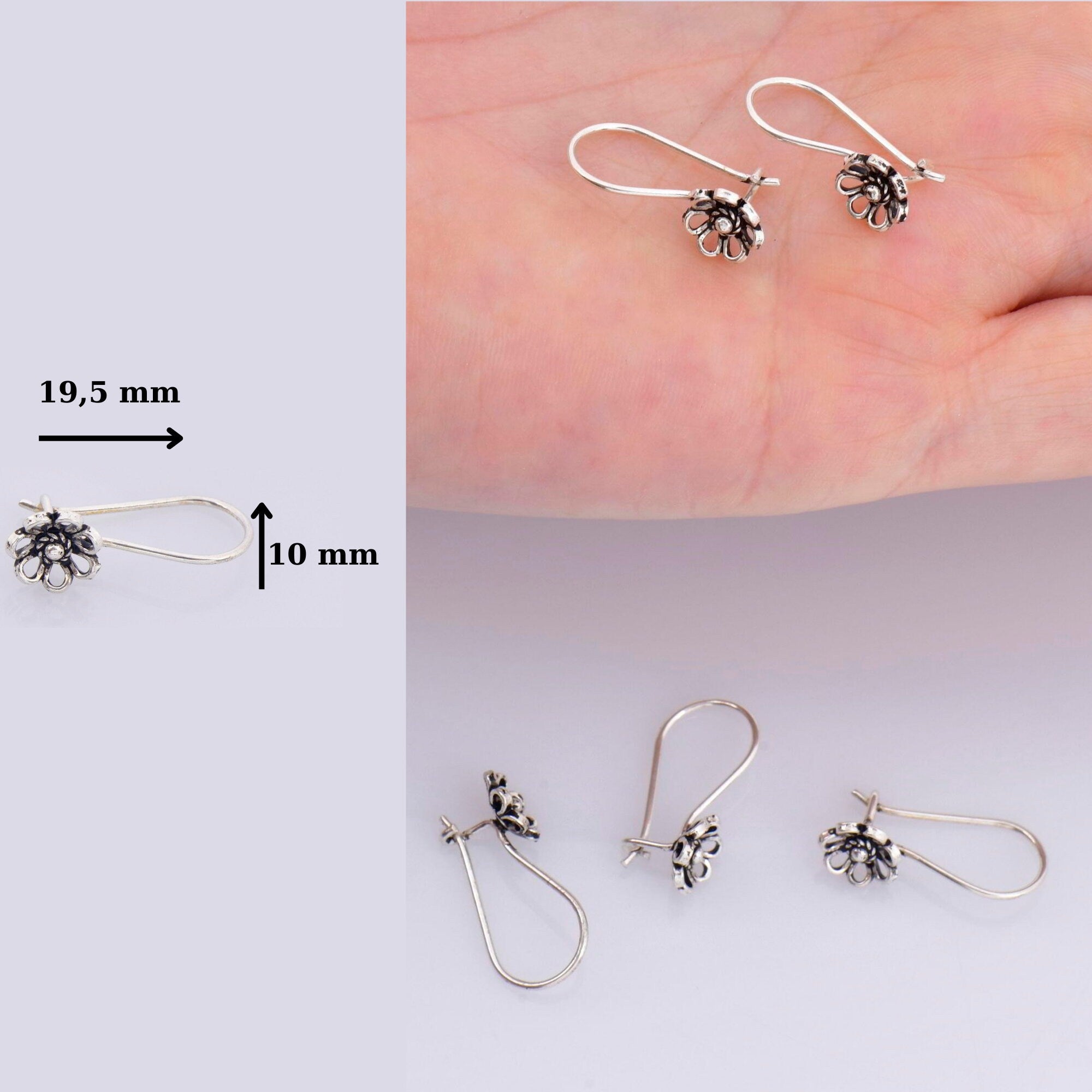 925 Sterling Silver Flower Ear Wires, Solid Silver Earring Hooks, Oxidized Silver Ear Wires, Earrings Making Supply, Jewelry Findings, M44