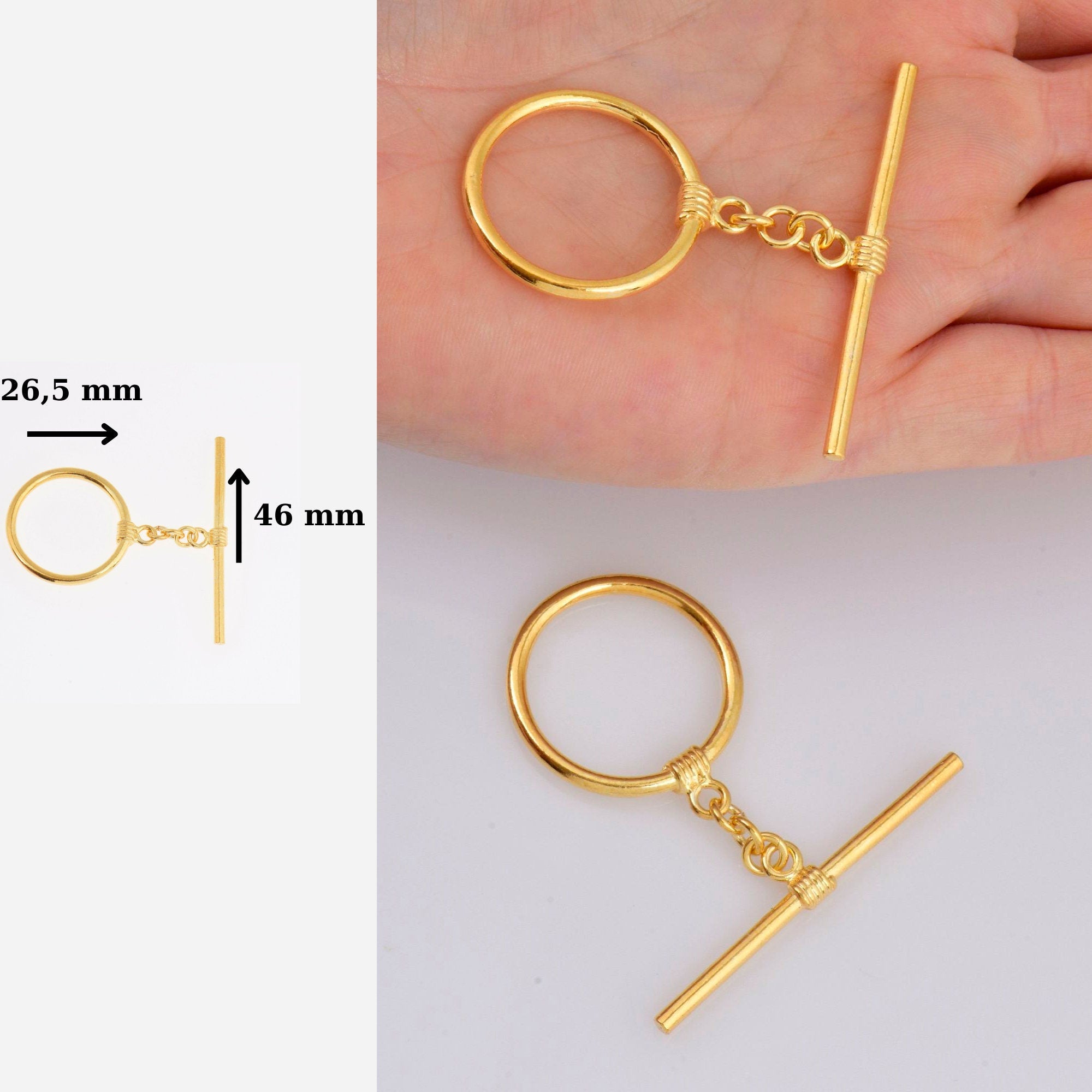 24K Gold Vermeil Toggle Clasps, 925 Solid Silver Toggle Clasp, Gold Plated Antique Toggle Clasp Set, Jewelry Supply, Jewelry Findings, VM60B