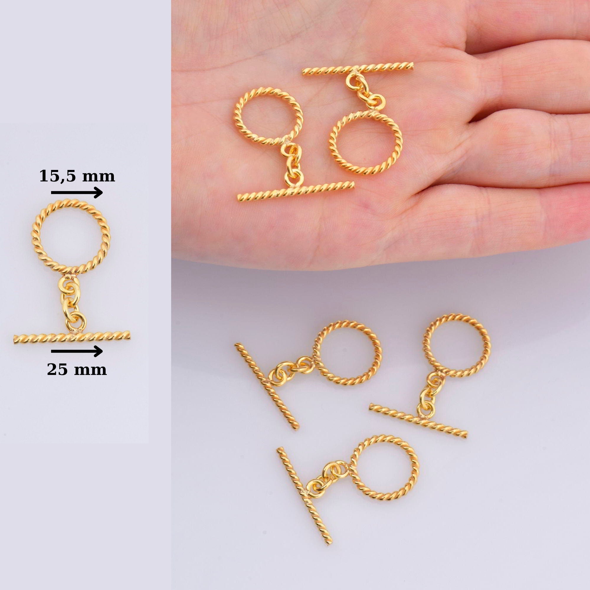 24K Gold Vermeil Twisted Toggle Clasps, 925 Silver Twisted Rope Design Toggle Clasp Set, Toggle Clasps, Jewelry Supplies, Findings, VM62A-C