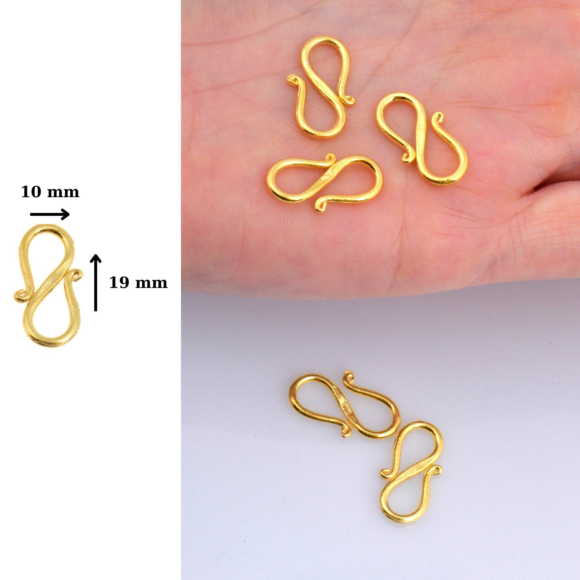 24K Gold Vermeil and 925 Silver S Clasps, Solid Silver Hook Clasps, Gold & Silver Connector, Jewelry Supplies, Jewelry Findings, M/VM65A-B