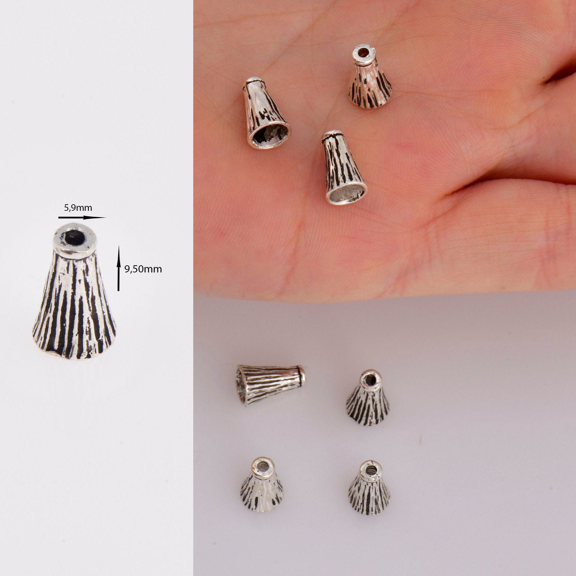 925 Sterling Silver Cone Shape Beads, Solid Silver Cone Bead Caps, Antiique Silver End Bead Cones, Pyramid Bead Caps, Jewelry Findings, M29A