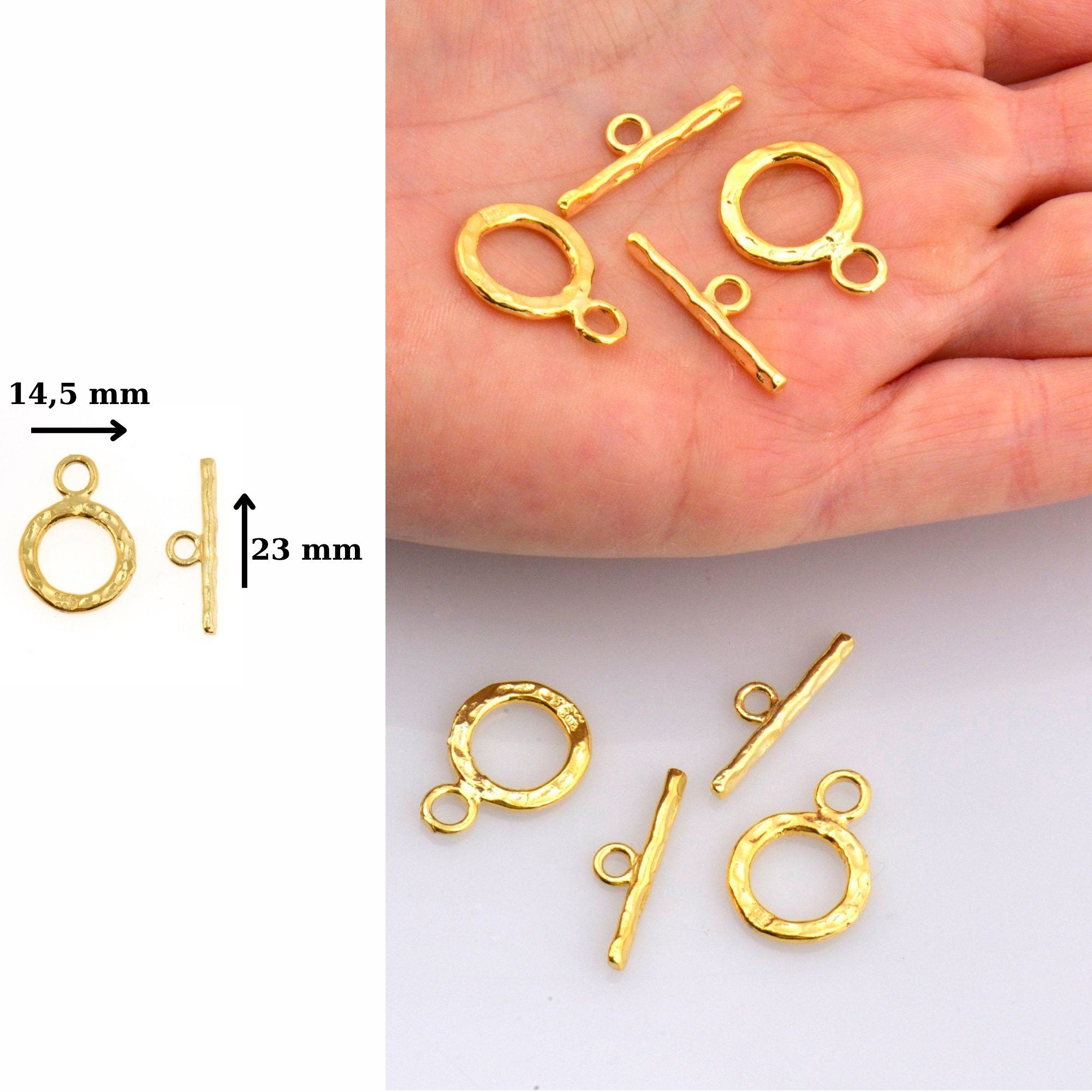 24K Gold Vermeil Toggle Clasps, 925 Solid Silver Toggle Clasp, Gold Plated Organic Toggle Clasp Set, Jewelry Supply, Jewelry Findings, VM57B