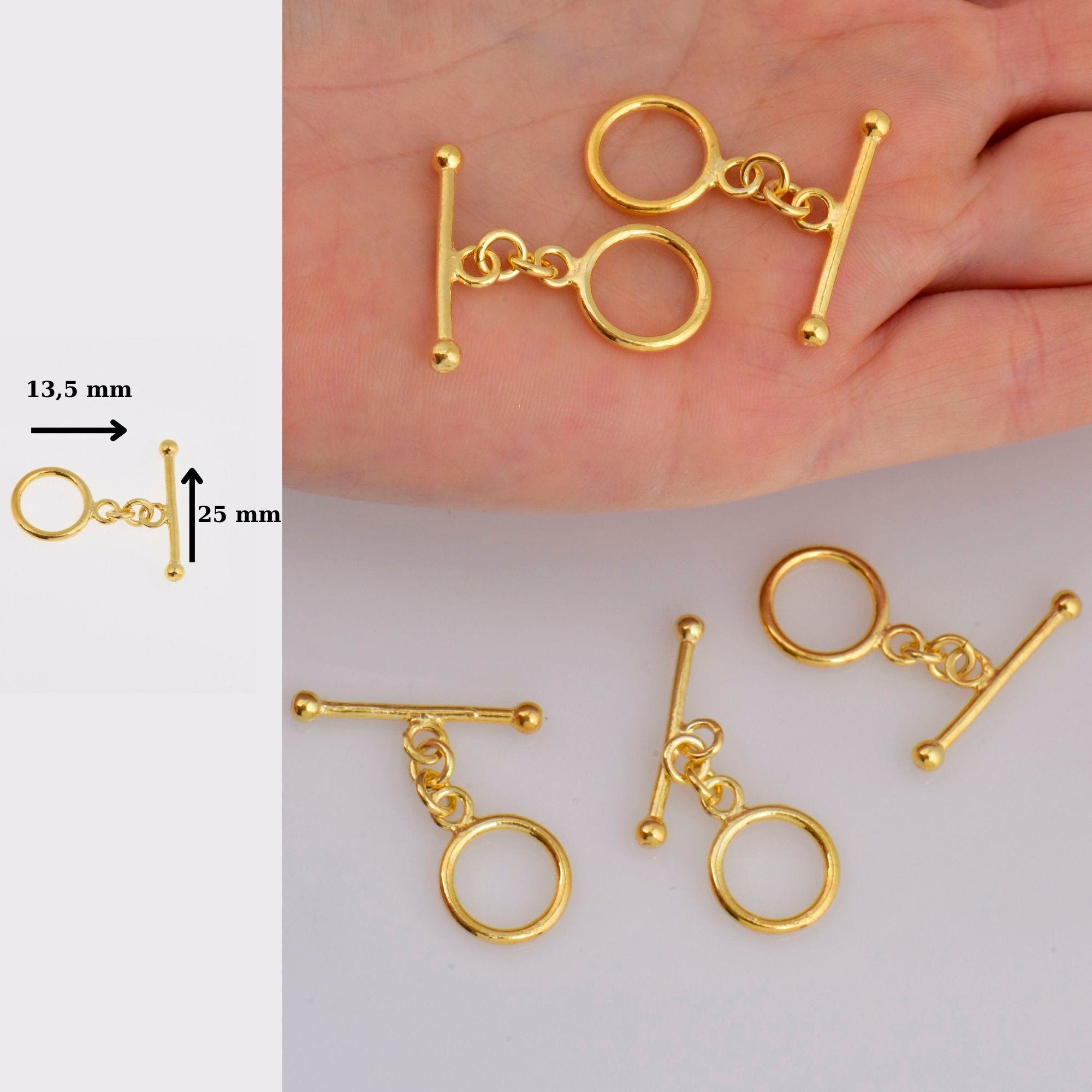 24K Gold Vermeil Toggle Clasps, 925 Solid Silver Toggle Clasp, Gold Plated Plain Toggle Clasp Set, Jewelry Supply, Jewelry Findings, VM59D