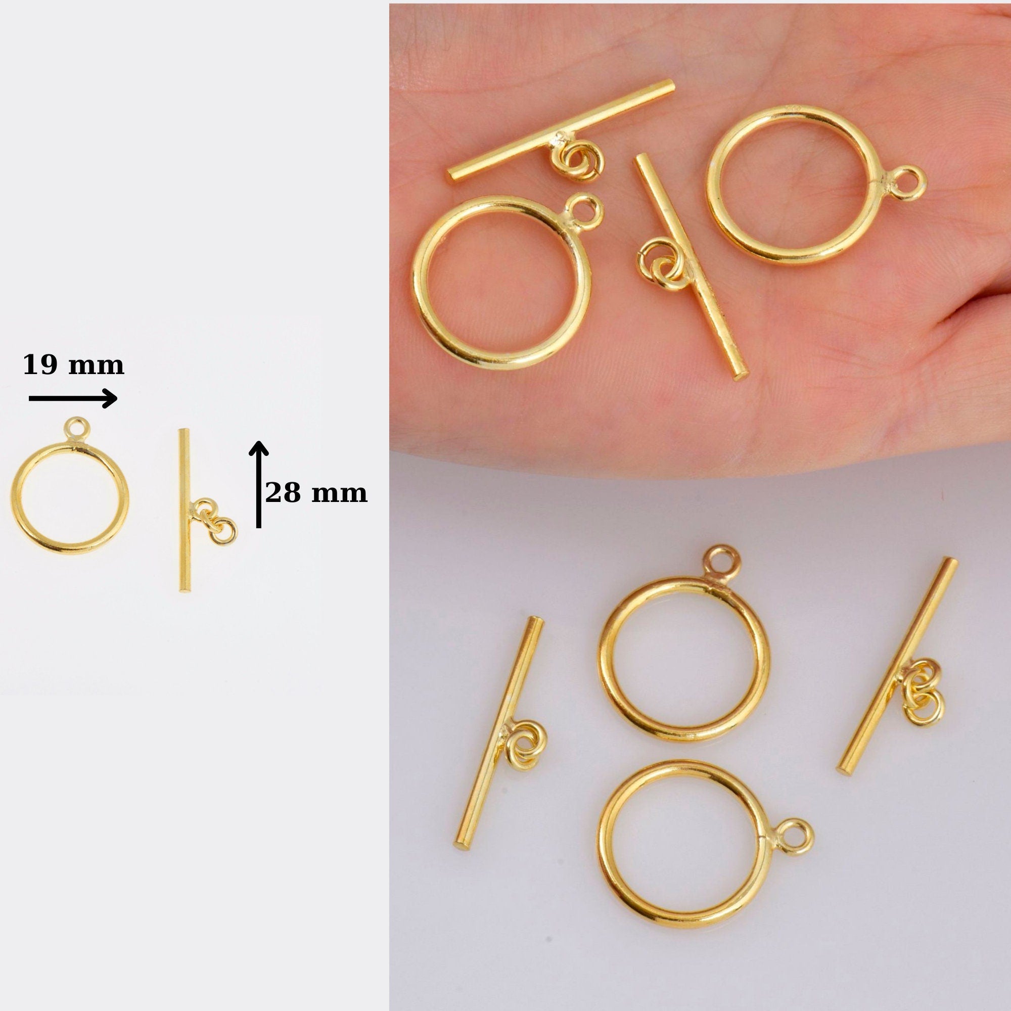 24K Gold Vermeil Toggle Clasps, 925 Solid Silver Toggle Clasp, Gold Plated Plain Toggle Clasp Set, Jewelry Supply, Jewelry Findings, VM59E