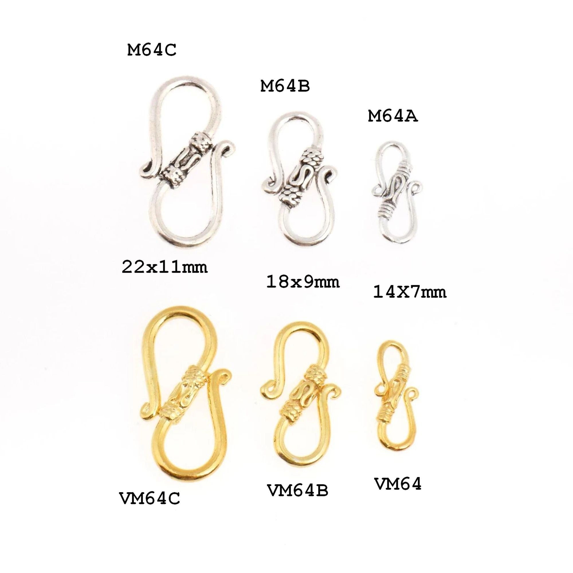 24K Gold Vermeil & 925 Silver S Clasps, Antique Silver Hook Clasps, Gold Connectors, Jewelry Supplies, Jewelry Findings, M/VM64A-C