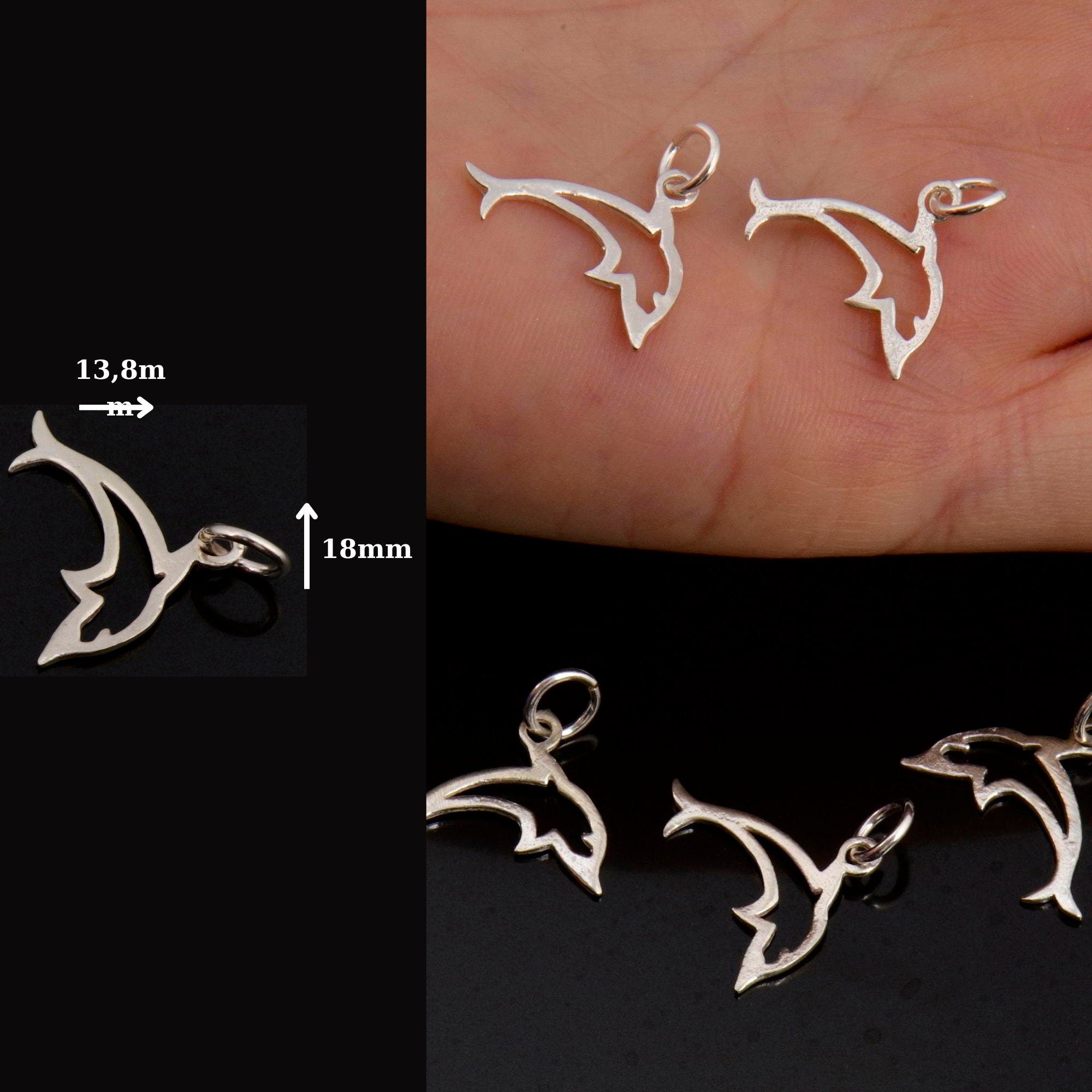 925 Sterling Silver Dolphin Dangle Charm, Solid Silver Fish Dangle Charm, Necklace Dangle Charm, Earring Dangle Charm, Jewelry Findings, S11