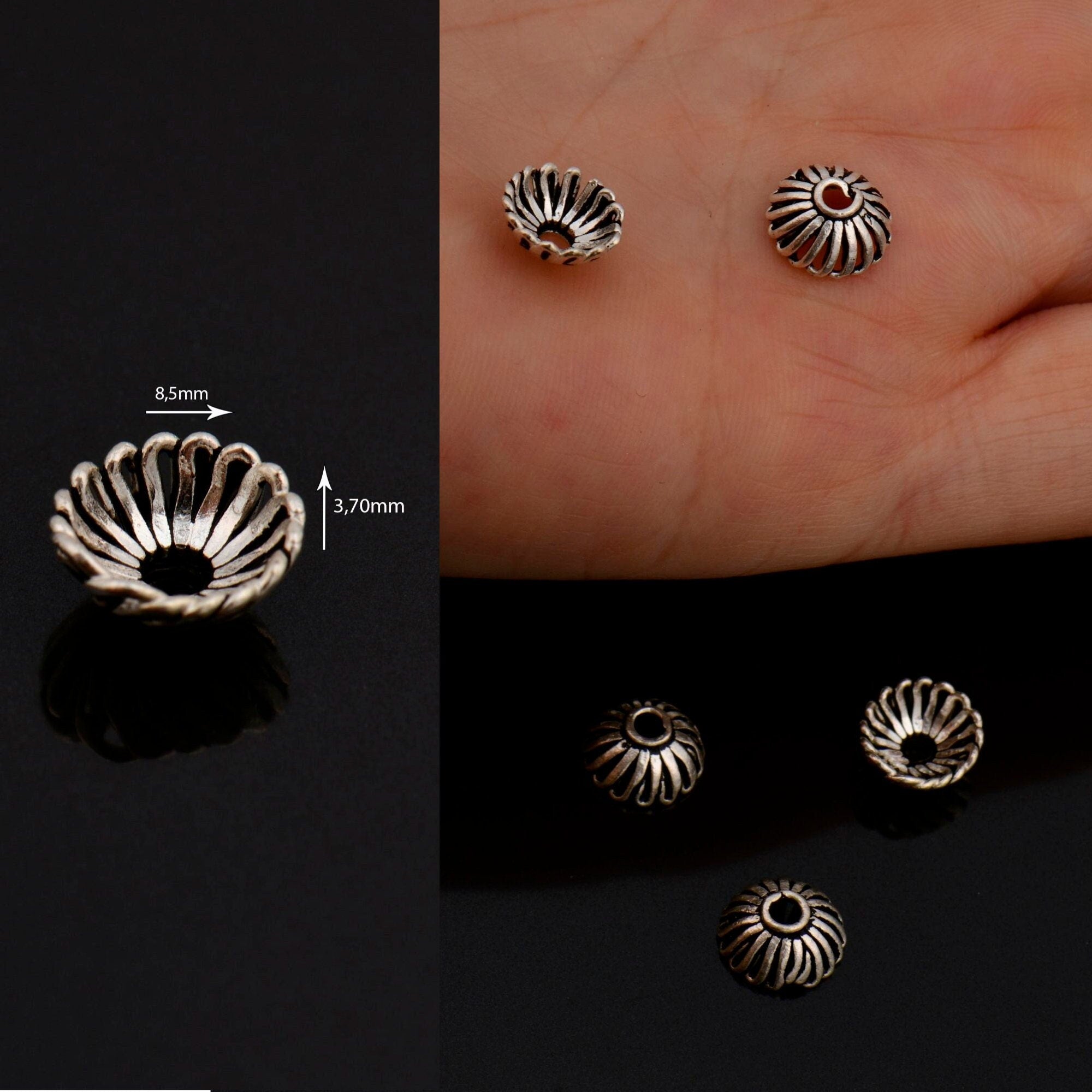 925 Sterling Silver & 24K Gold Vermeil 6mm to 8.5mm Bead Caps, Silver Bead Caps in Gold, Gold Plated Bead Caps, Spacer Bead Caps, V/M8A-B-C