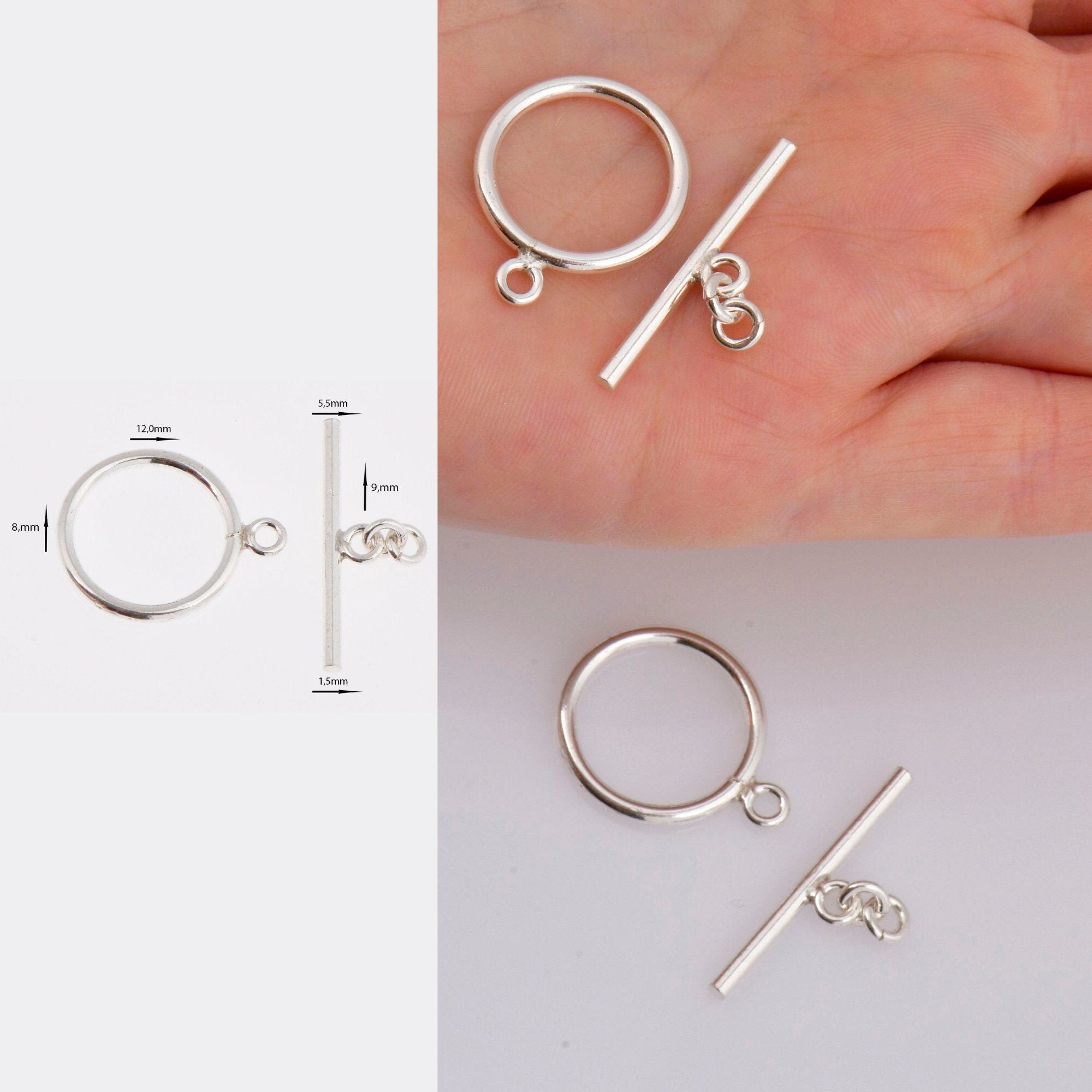 925 Sterling Silver Toggle Clasps, Solid Silver Toggle Clasp, Silver Plain Toggle Clasp Set, Jewelry Supplies, Jewelry Findings, M59A-E