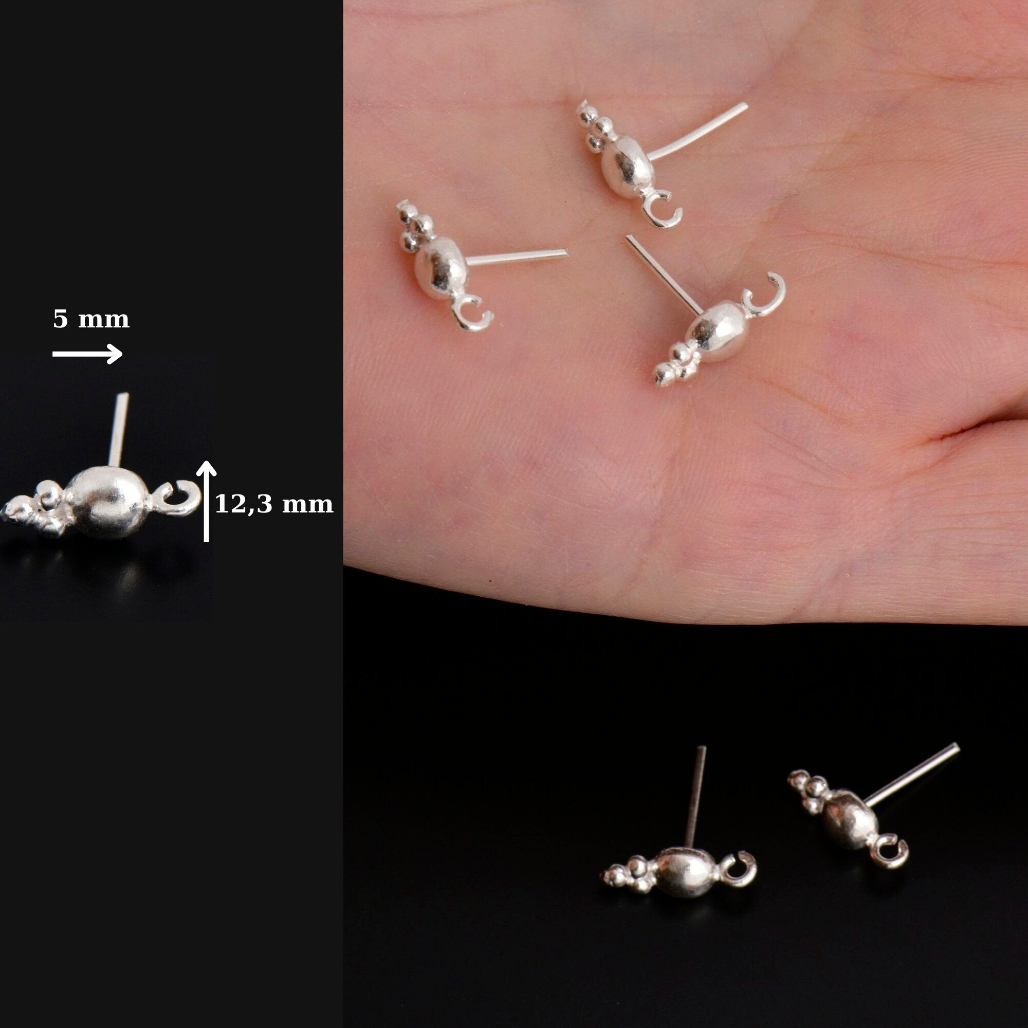 925 Sterling Silver Ball Ear Post, Round Ball Ear Posts with Loop, Solid Silver Ball Shape Earring Posts, Jewelry Making Findings, S17