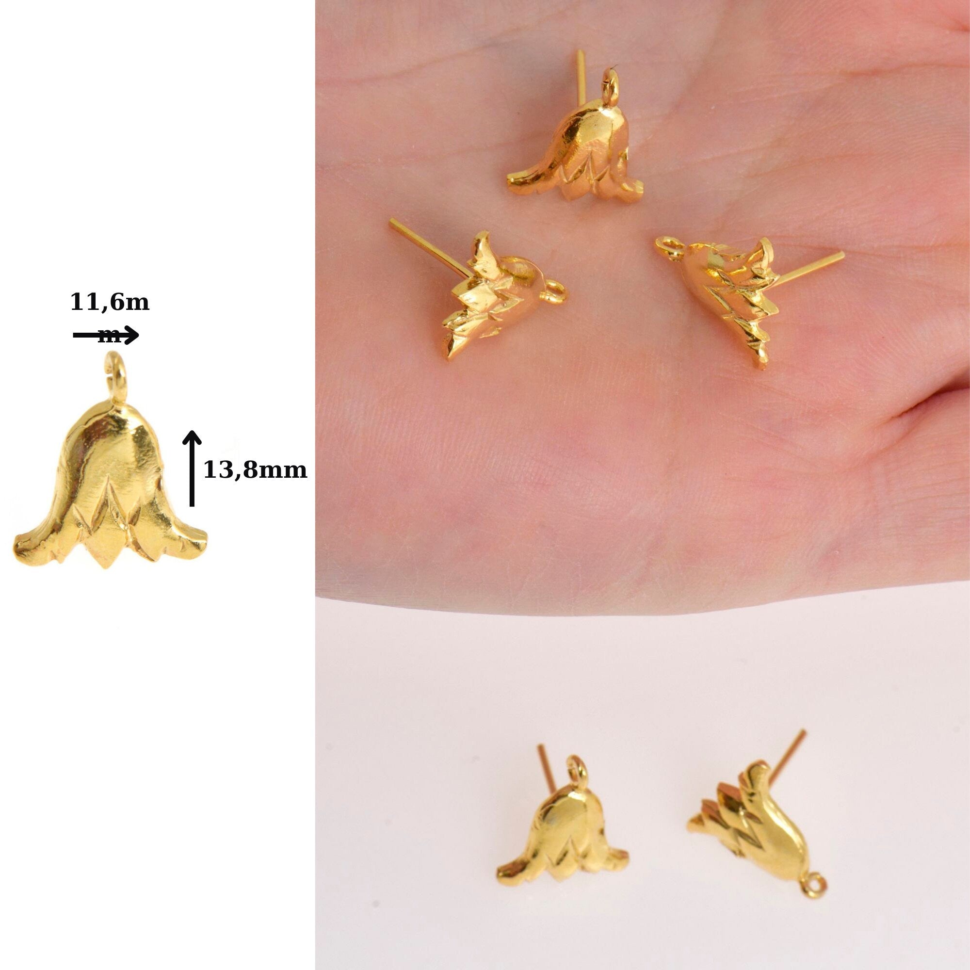 24K Gold Vermeil Flower Earring Posts, 925 Solid Silver Tulip Stud Earrings With Loop, Earring Stud Components, Jewelry Findings, S22V