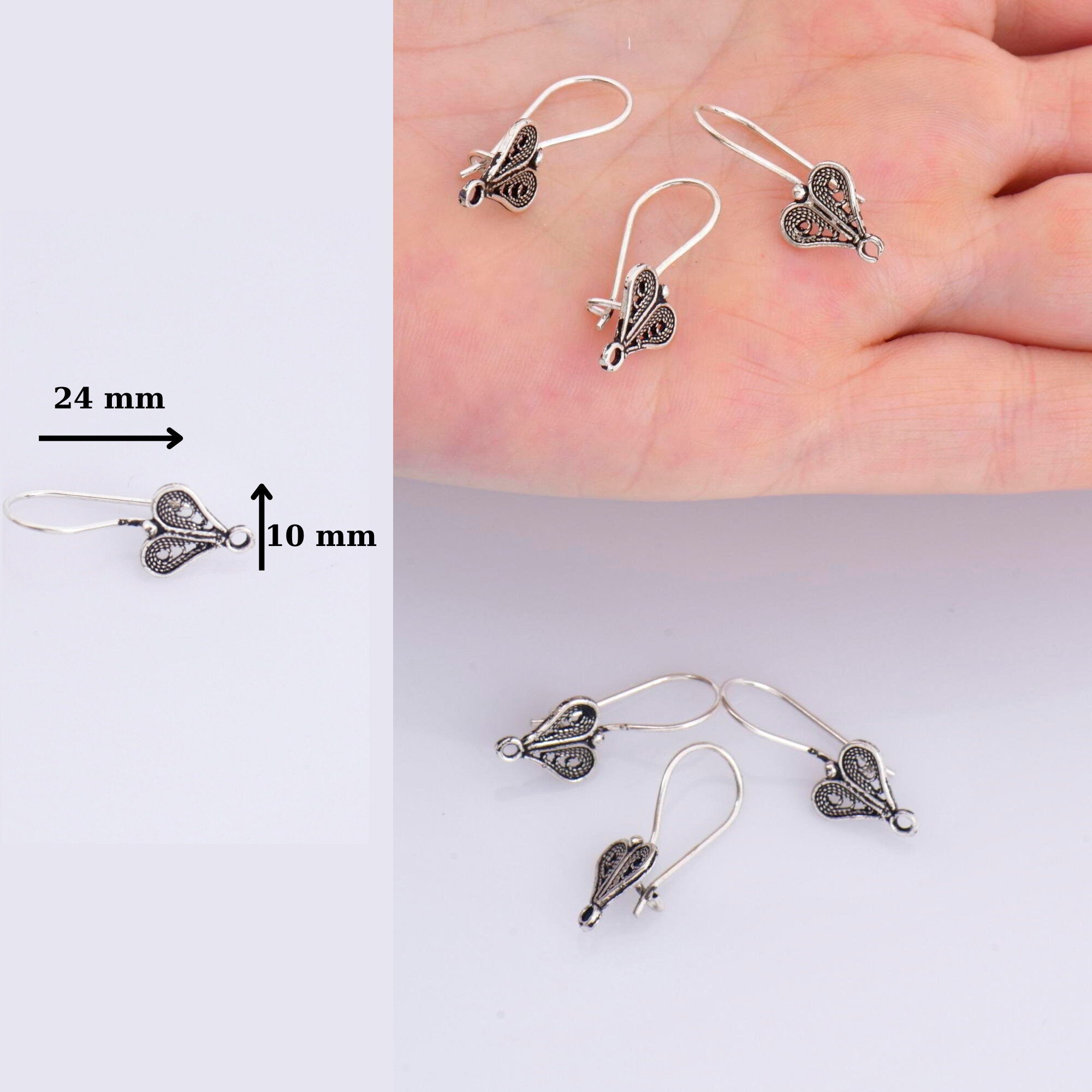 925 Sterling Silver Heart Shape Ear Wires, Solid Earring Hooks, Oxidized Silver Ear Wires, Earrings Making Supply, Jewelry Findings, M46