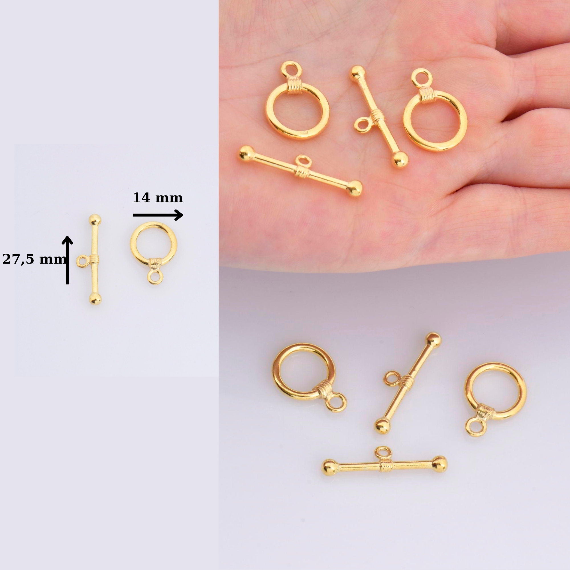 24K Gold Vermeil Toggle Clasps, 925 Solid Silver Toggle Clasp, Gold Plated Plain Toggle Clasp Set, Jewelry Supply, Jewelry Findings, VM61