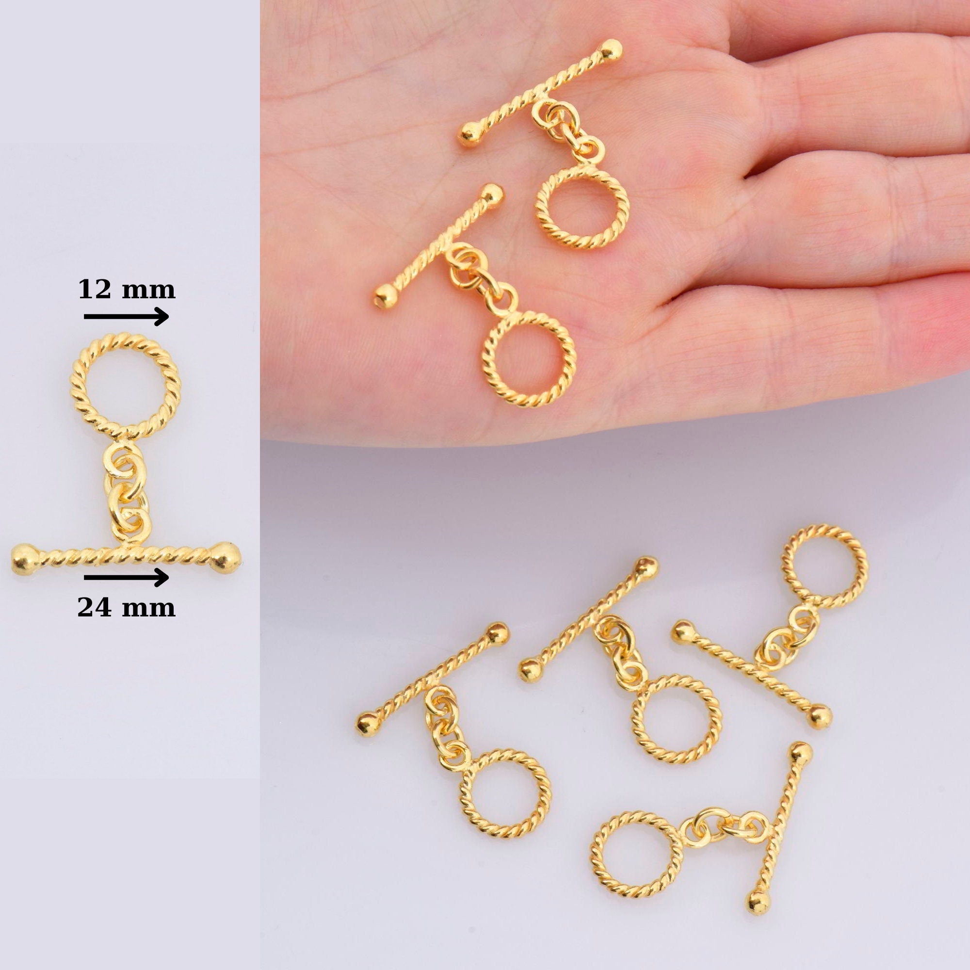 24K Gold Vermeil Twisted Toggle Clasps, 925 Silver Twisted Rope Design Toggle Clasp Set, Toggle Clasps, Jewelry Supplies, Findings, VM62A