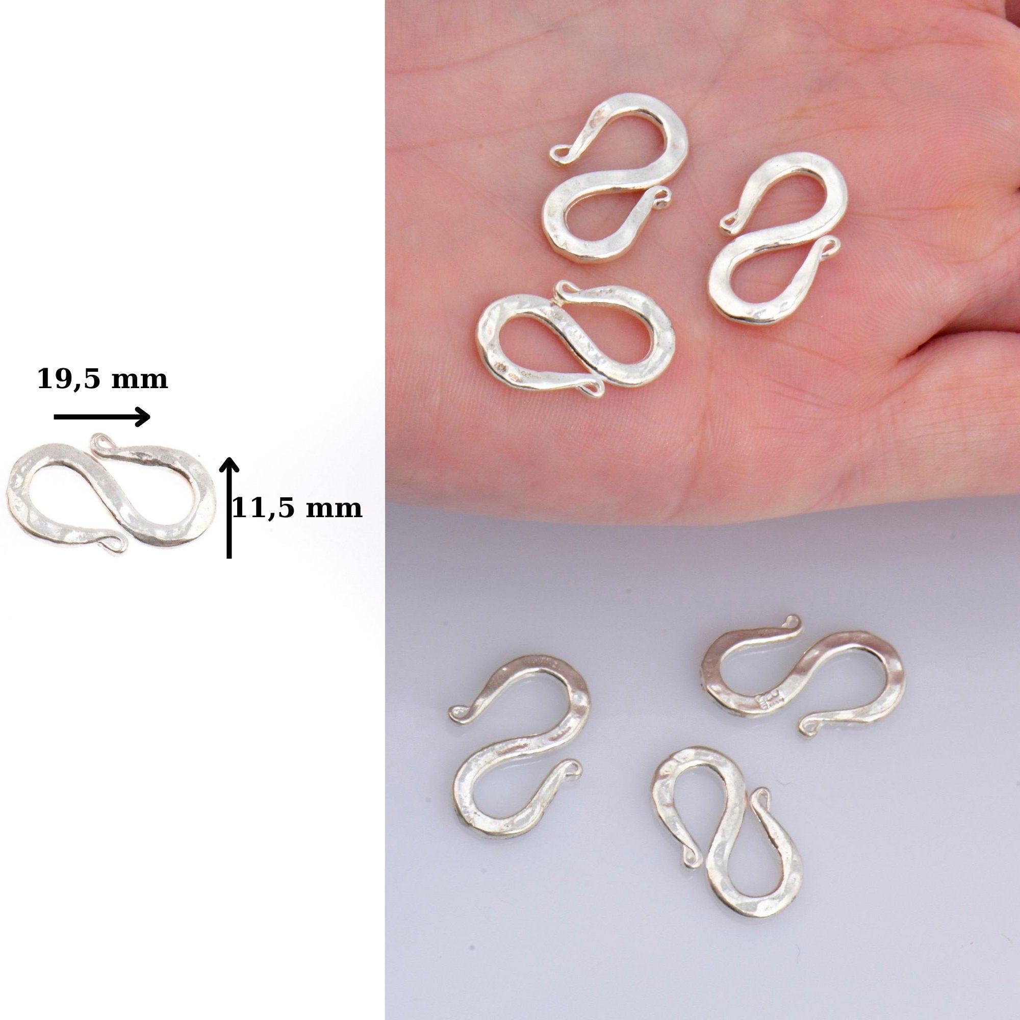 925 Sterling Silver S Clasps, Silver Hook Clasps, Solid Silver Connectors, Jewelry Making Supplies, Silver Jewelry Findings, M63B