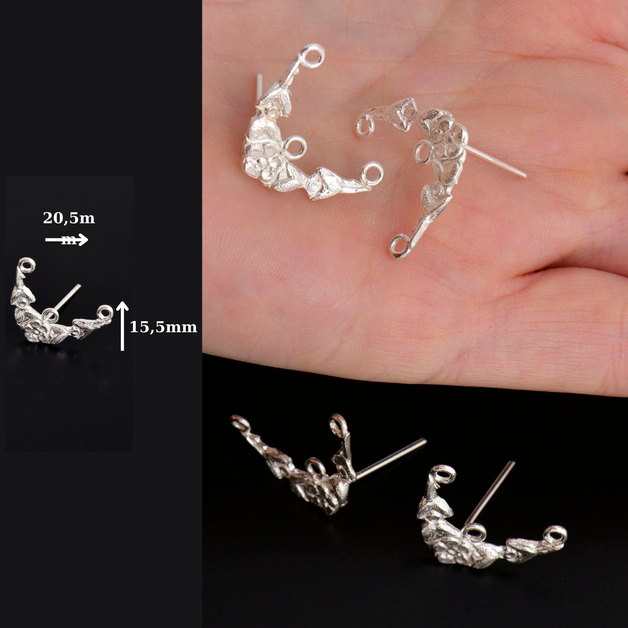 925 Silver Flower Earring Posts, Solid Silver Daisy Stud Earrings with Hoops, Earring Stud Components, Jewelry Making Findings, S41